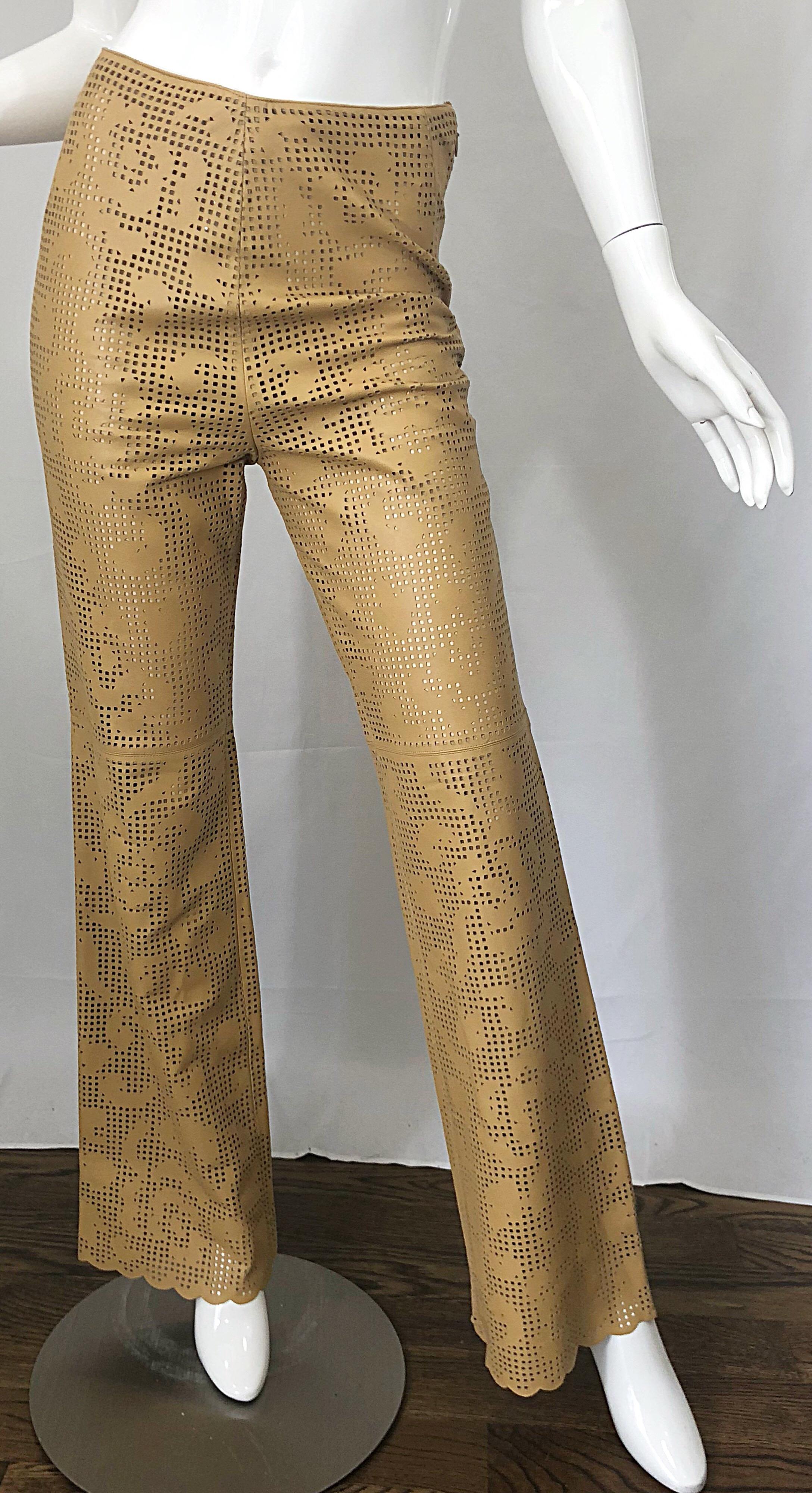 Oscar de la Renta Vintage Leather Size 8 / 10 Tan Cut Out High Rise 90s Pants 4