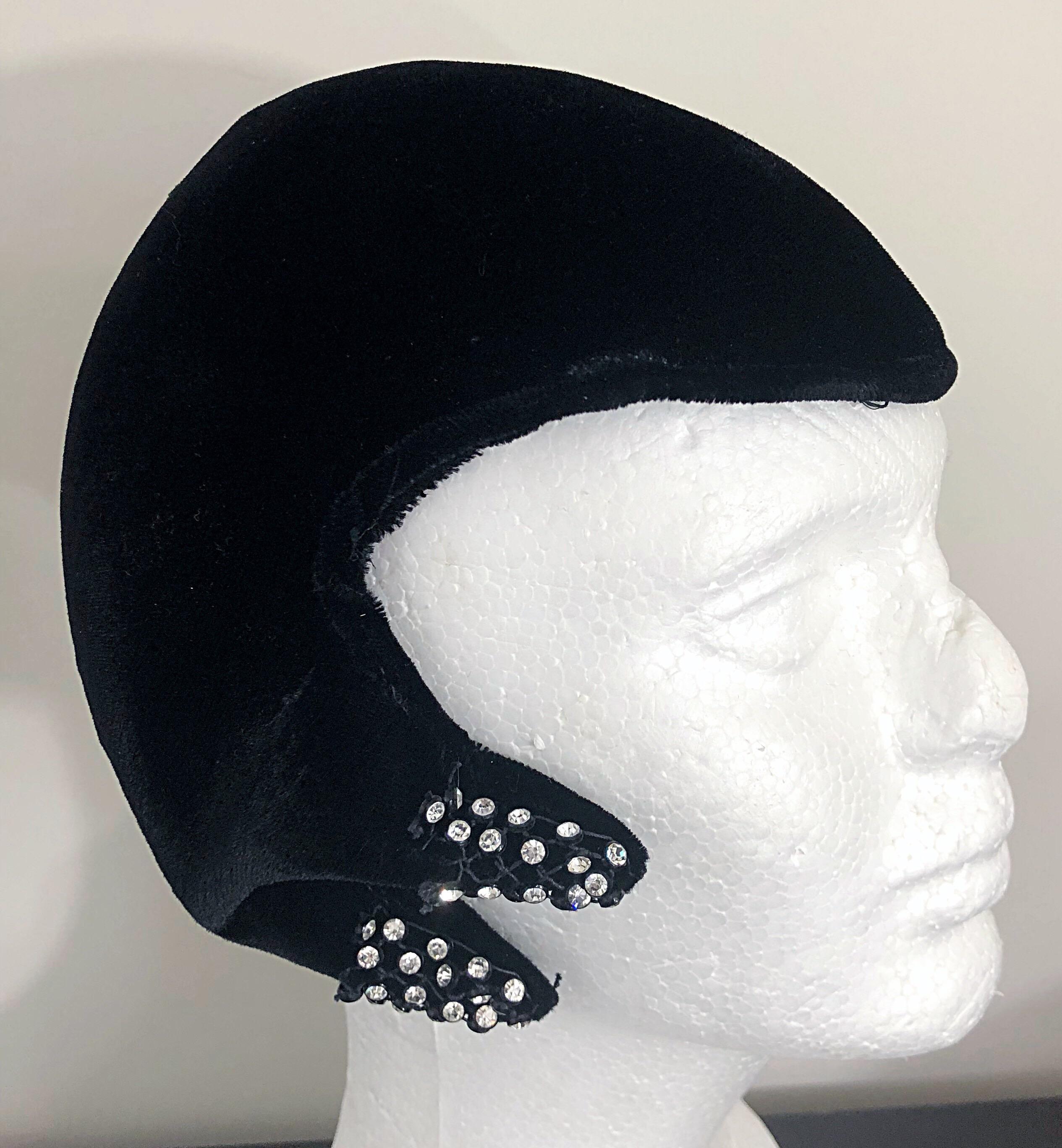 Beautiful vintage 1940s MARSHALL FIELD'S black silk velvet rhinestone encrusted cloche hat! The perfect piece to complete any outfit. Can be worn by most sizes due to the fit. 
In great condition 