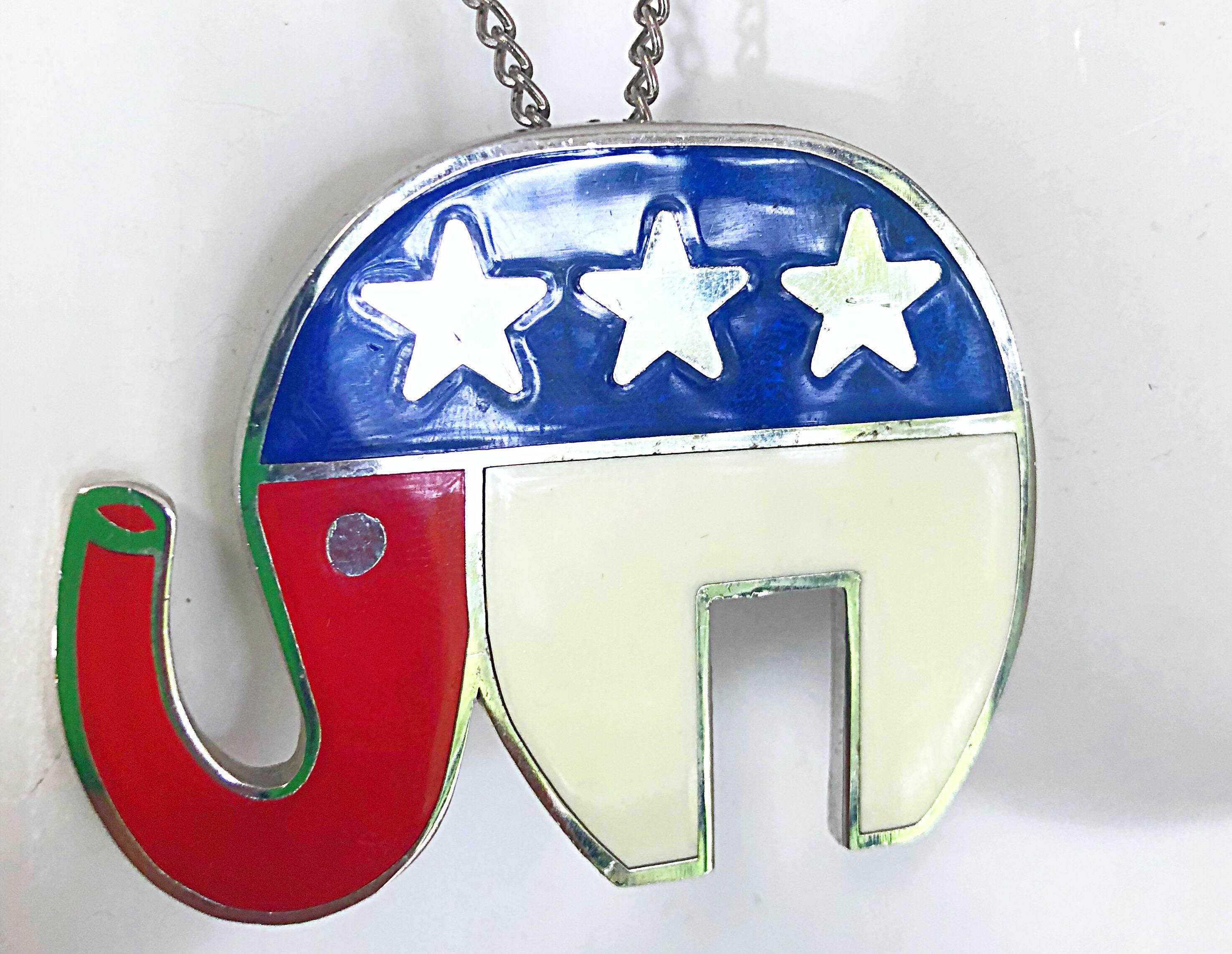 Rare vintage HATTIE CARNEGIE large patriotic novelty Republican Party elephant necklace OR brooch! Features red, white and blue with silver stars. The back also features a pin closure to be used as a brooch (chain easily comes off). Signed back. In