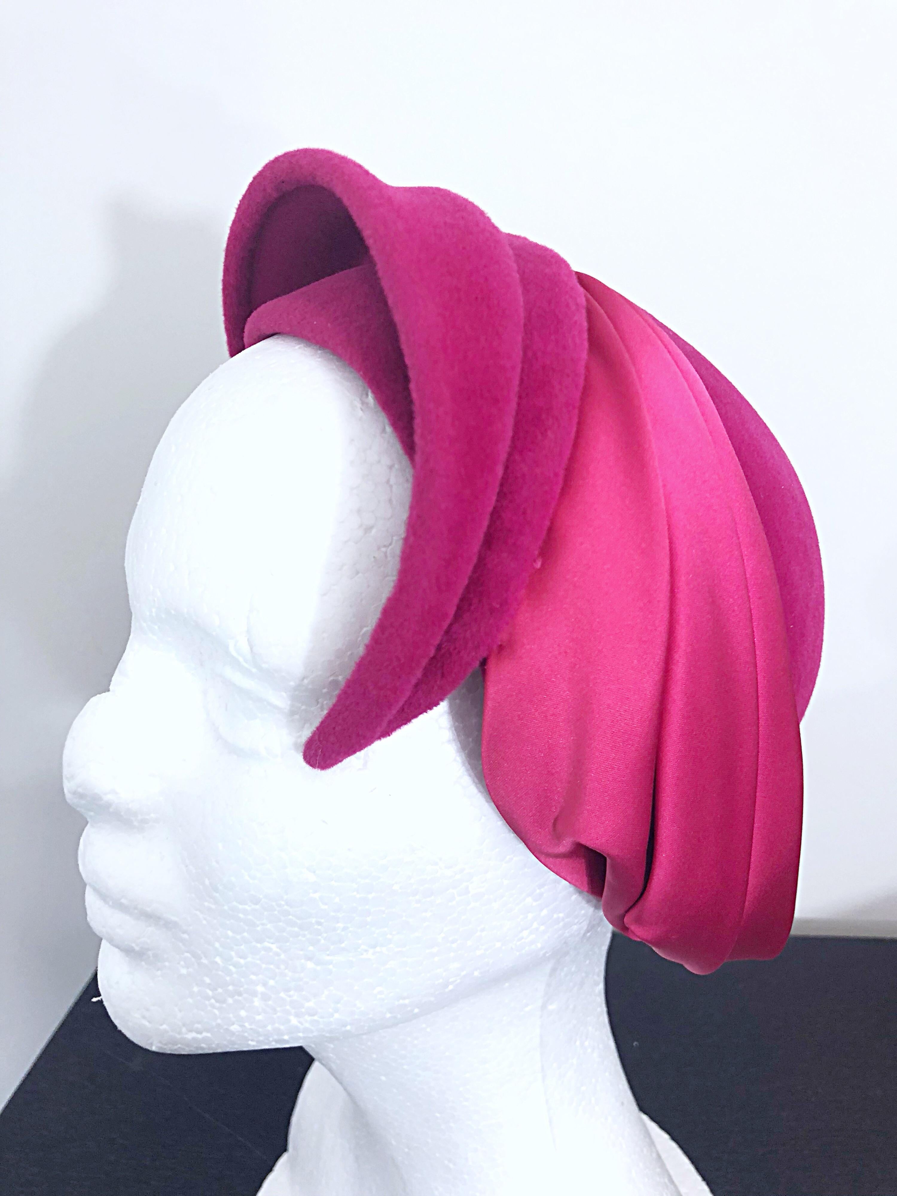 Rare vintage 50s ELSA SCHIAPARELLI schocking hot pink Avanat Garde velvet hat! Sits high on the hairline with amazing architecture. Silk satin details. A classic musuem worthy piece that is perfect for any collector or fashionista. In great