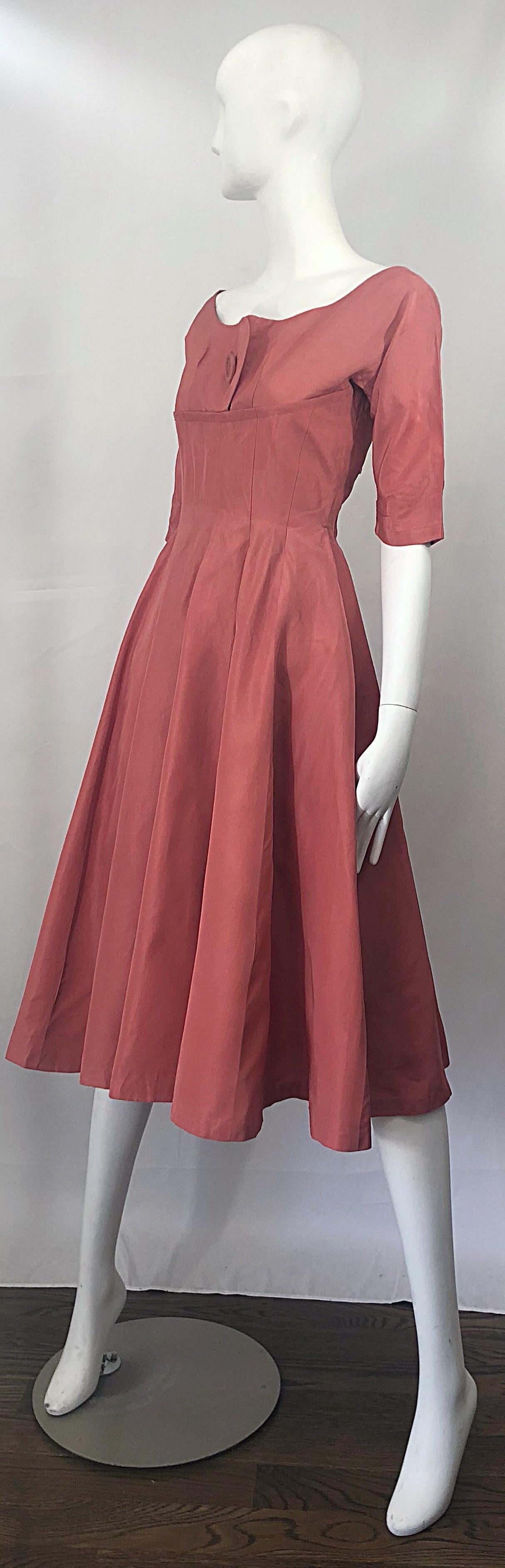 1950s Gigi Young Salmon Coral Pink Silk Taffeta Vintage 50s Fit n Flare Dress In Excellent Condition For Sale In San Diego, CA