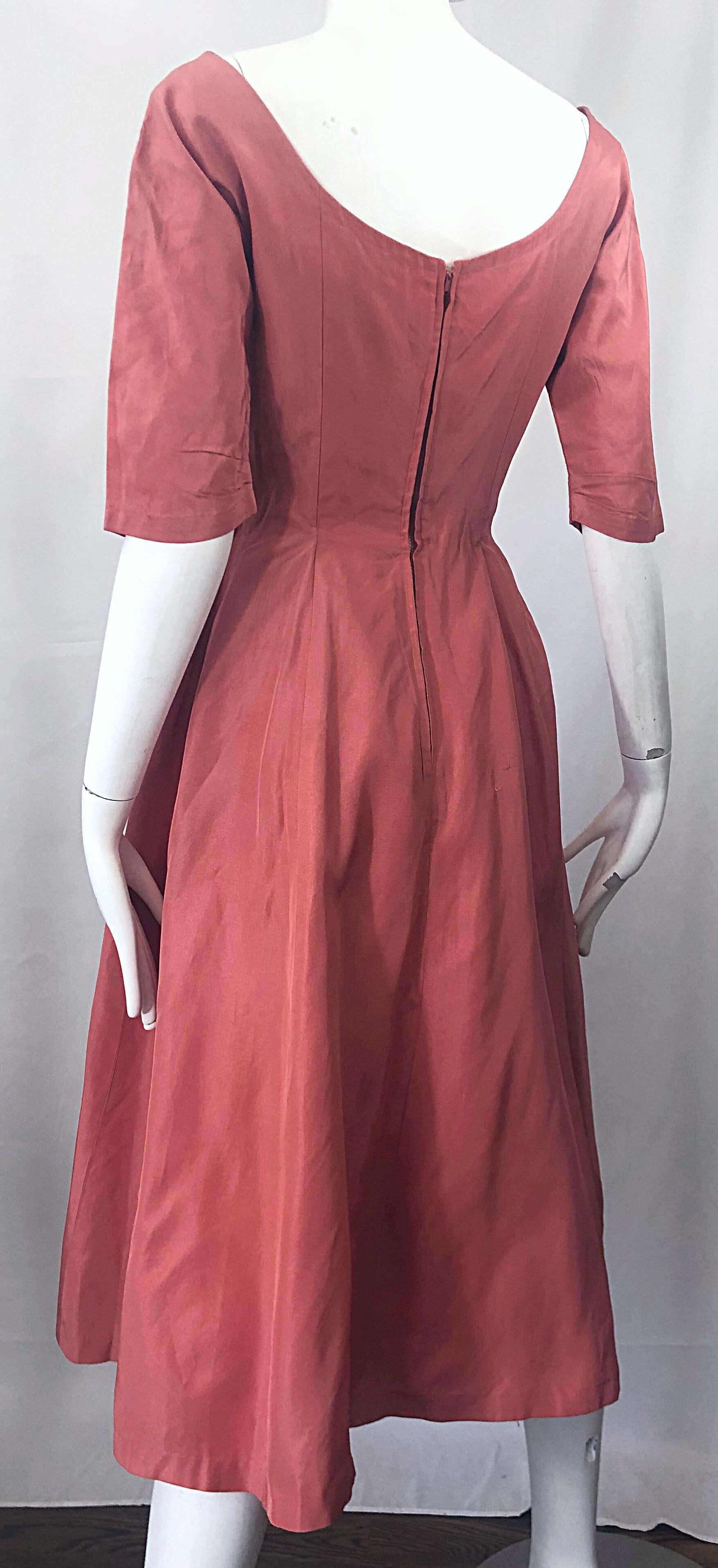 Women's 1950s Gigi Young Salmon Coral Pink Silk Taffeta Vintage 50s Fit n Flare Dress For Sale