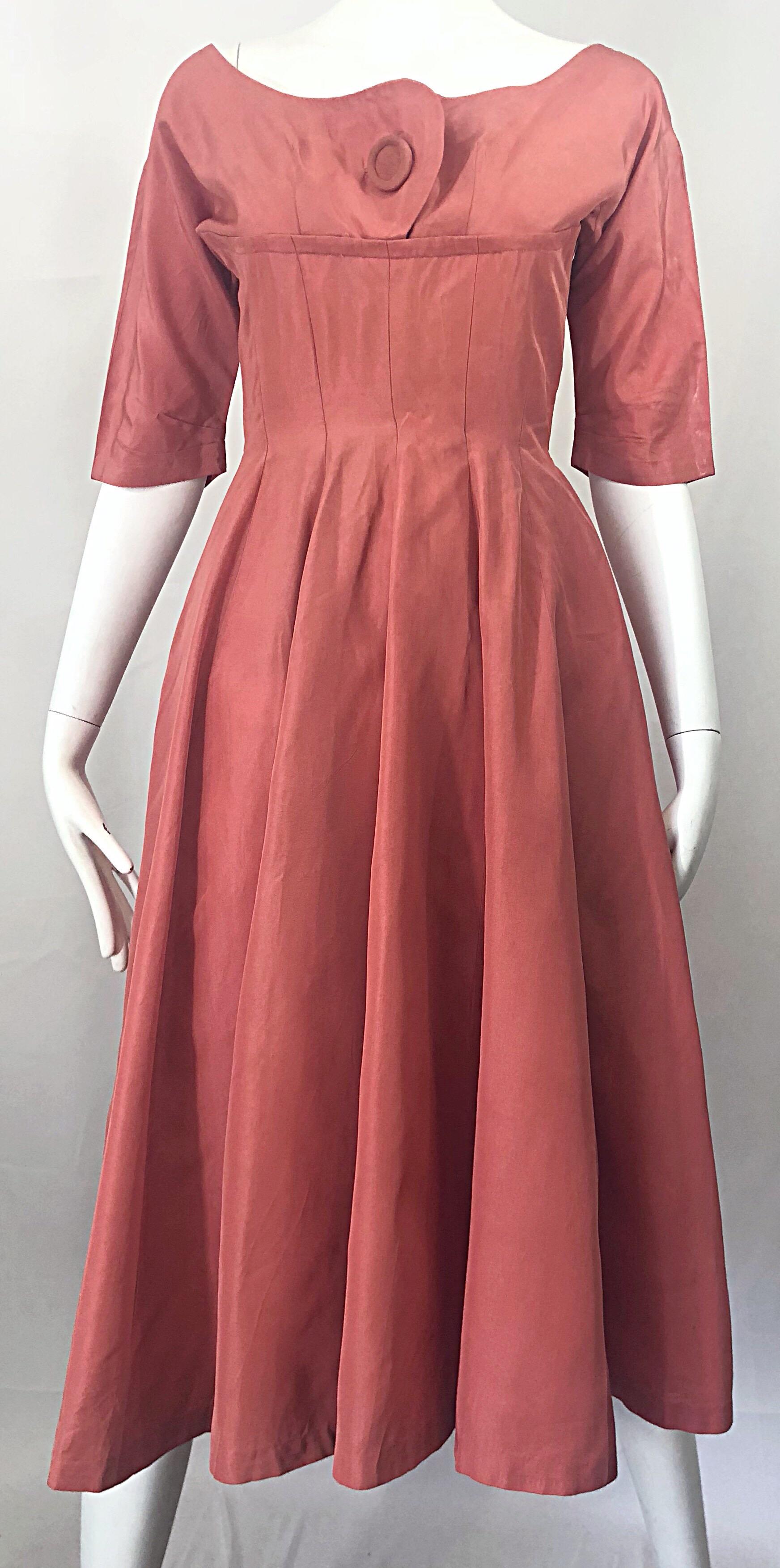 1950s Gigi Young Salmon Coral Pink Silk Taffeta Vintage 50s Fit n Flare Dress For Sale 1