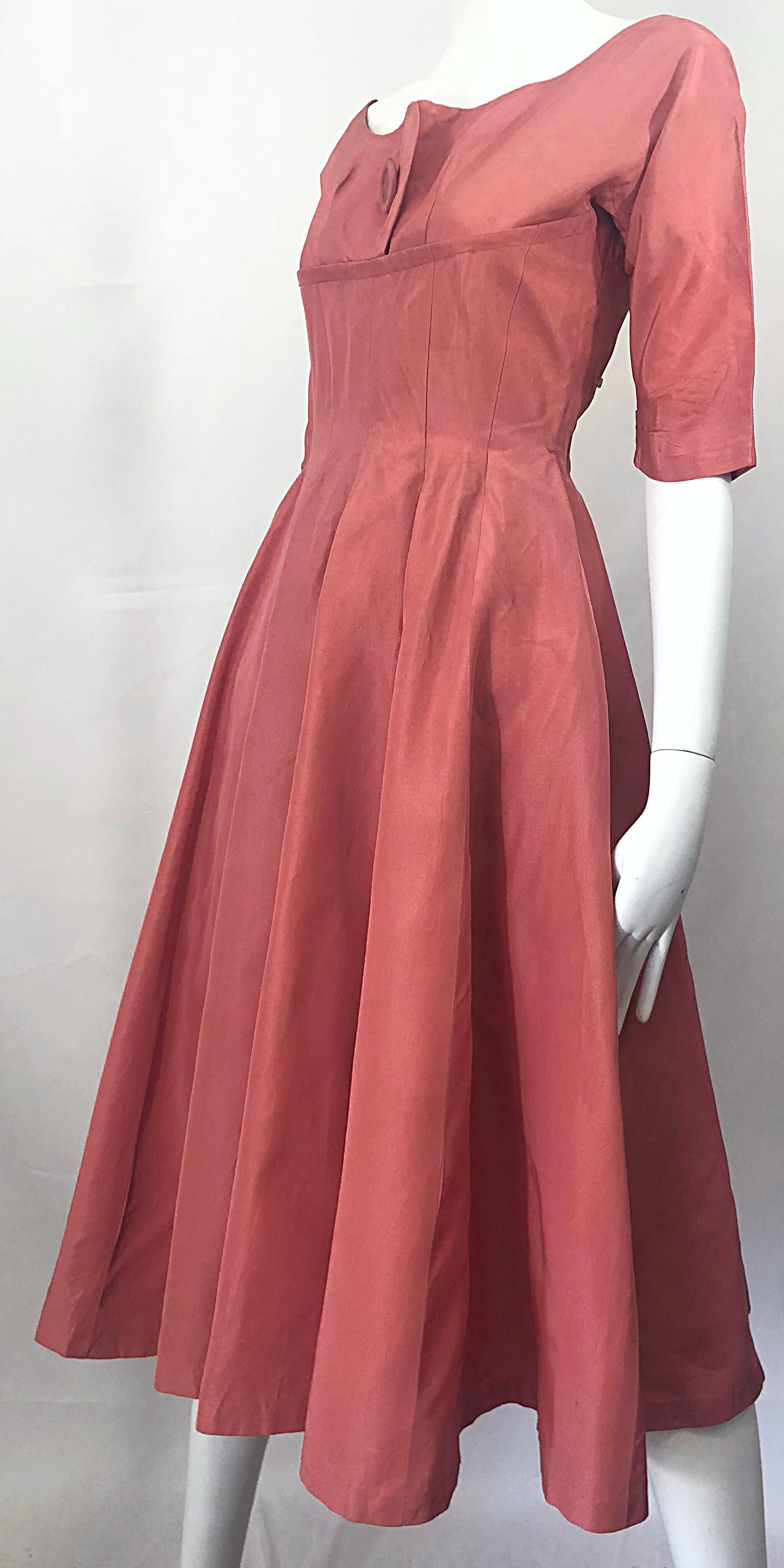 1950s Gigi Young Salmon Coral Pink Silk Taffeta Vintage 50s Fit n Flare Dress For Sale 2