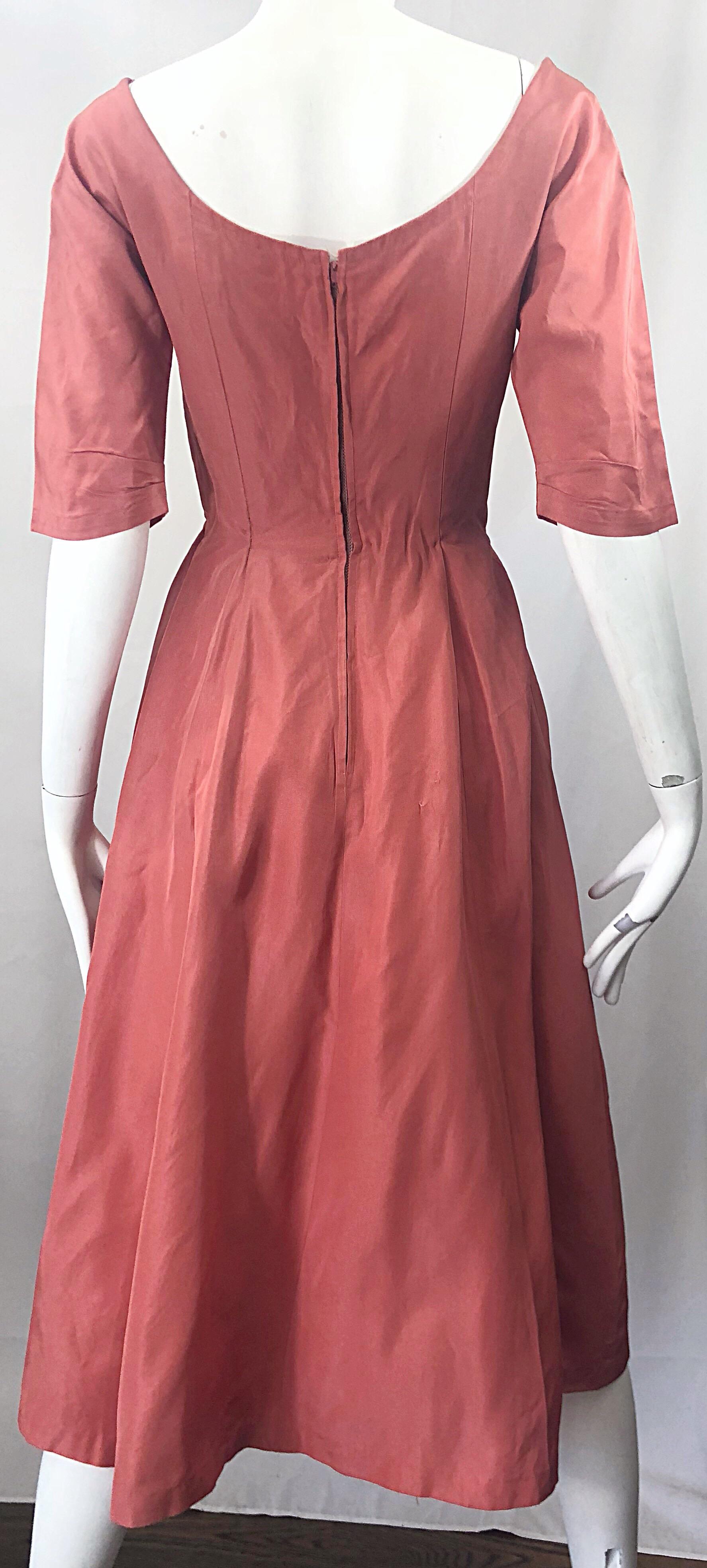 1950s Gigi Young Salmon Coral Pink Silk Taffeta Vintage 50s Fit n Flare Dress For Sale 3