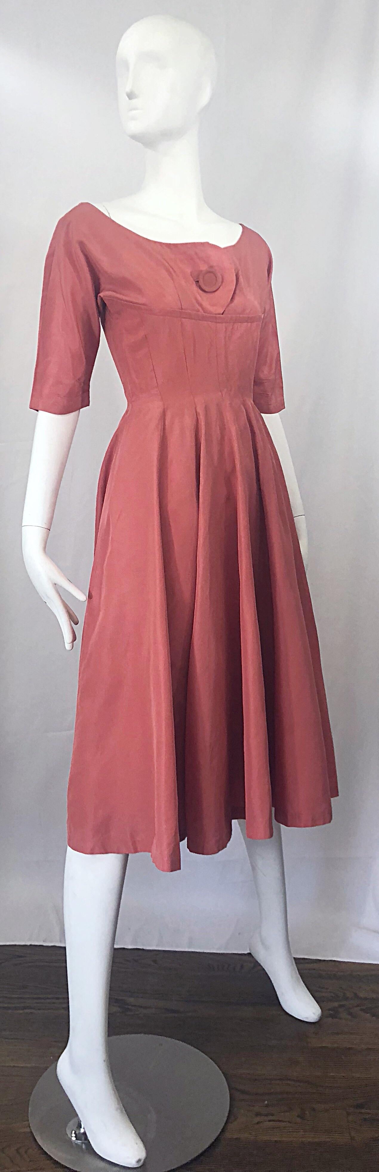 1950s Gigi Young Salmon Coral Pink Silk Taffeta Vintage 50s Fit n Flare Dress For Sale 4
