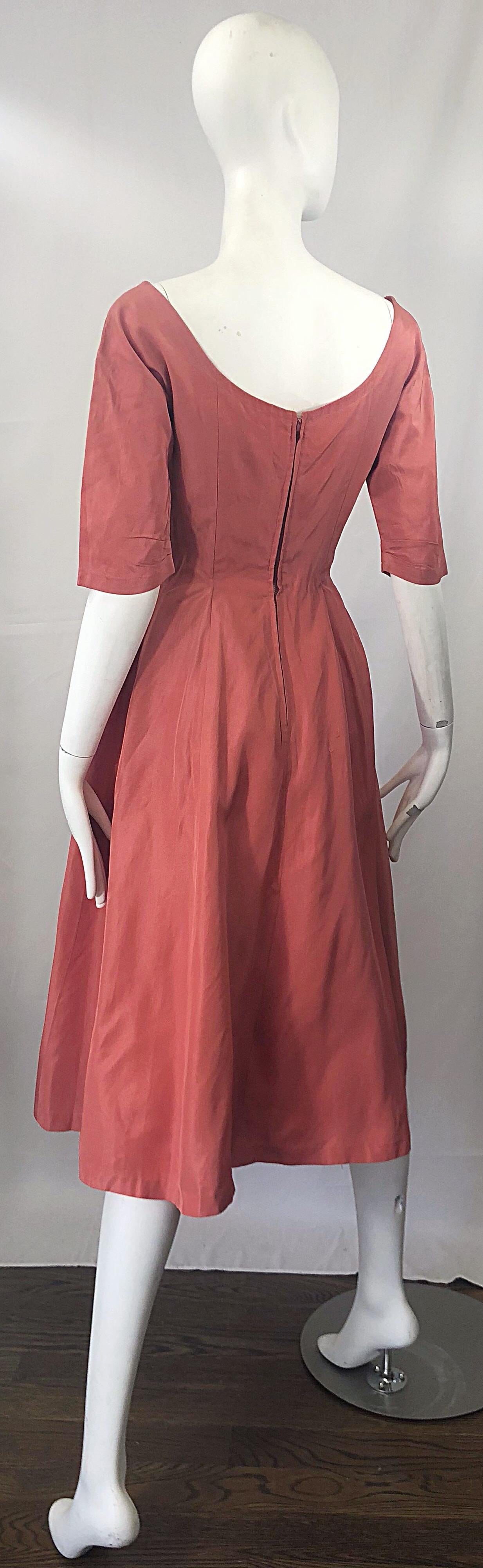 1950s Gigi Young Salmon Coral Pink Silk Taffeta Vintage 50s Fit n Flare Dress For Sale 5
