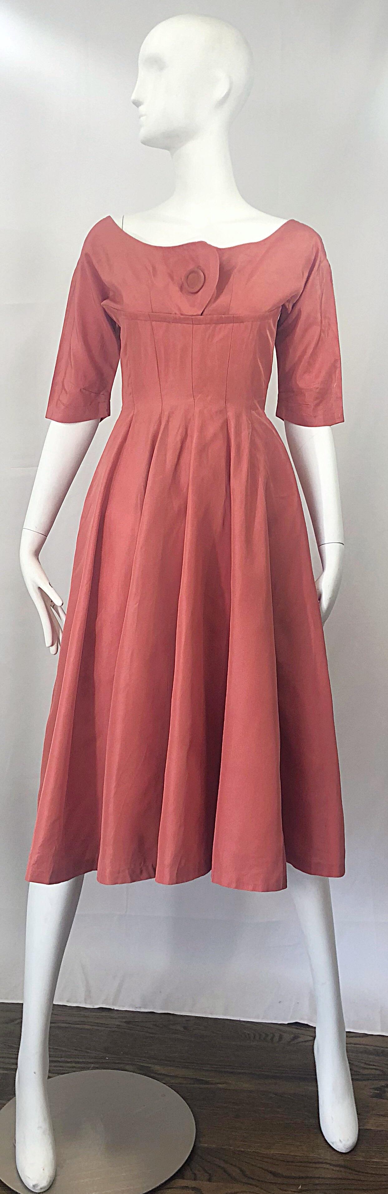1950s Gigi Young Salmon Coral Pink Silk Taffeta Vintage 50s Fit n Flare Dress For Sale 6