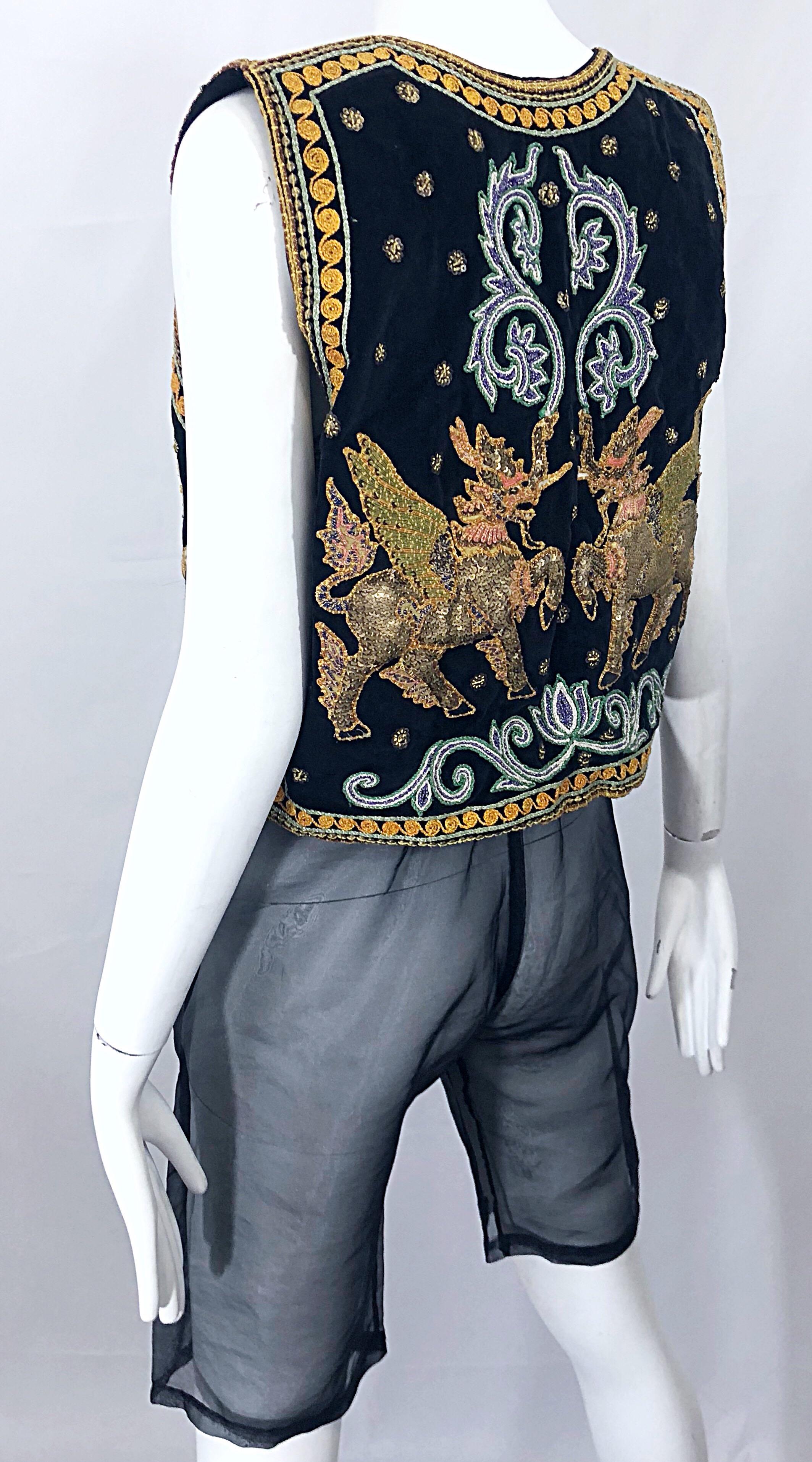 1970s Egyptian Inspired 3D Embroidered Vintage Boho 70s Sequin Cropped Vest Top  5