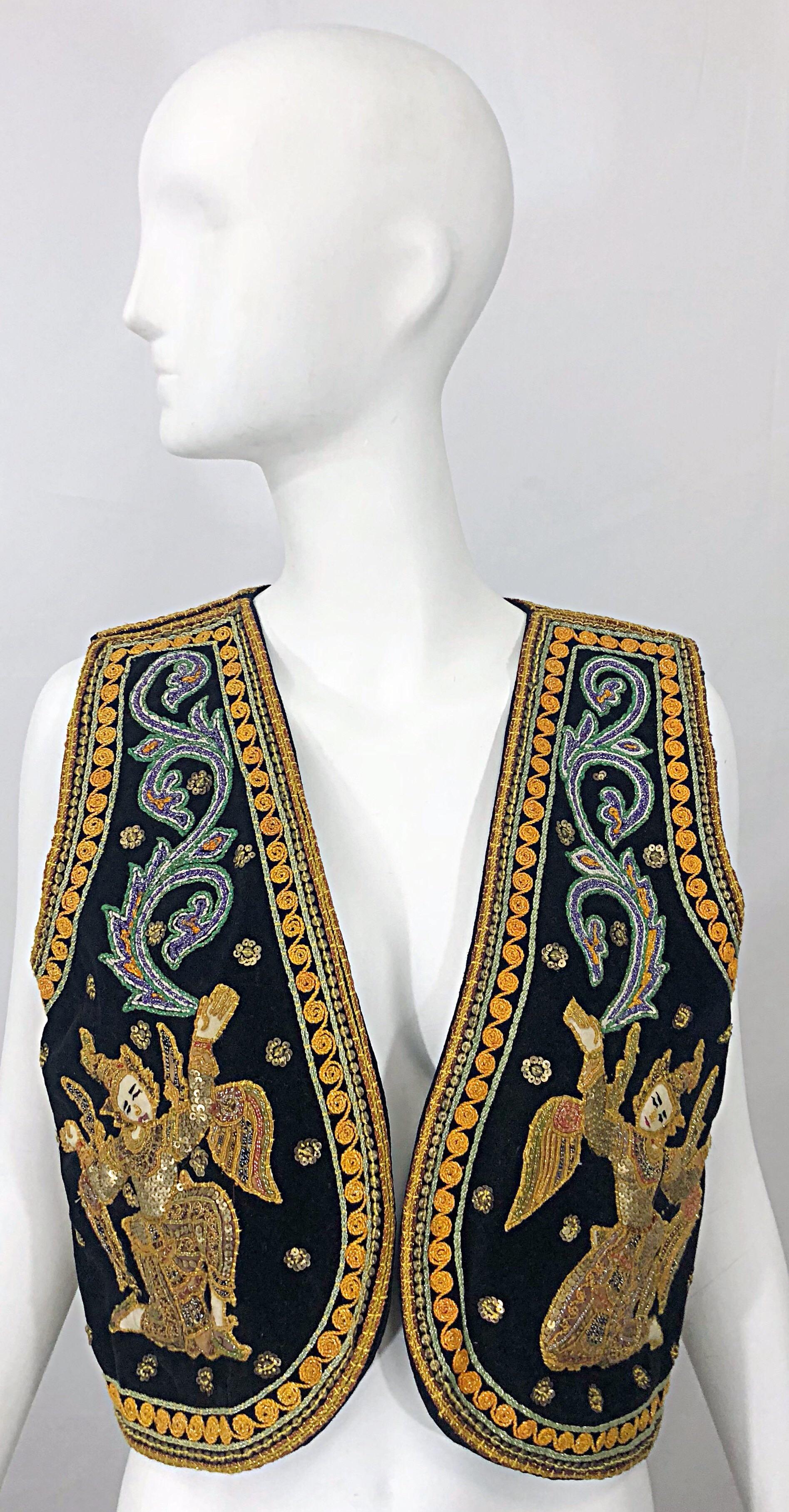 1970s Egyptian Inspired 3D Embroidered Vintage Boho 70s Sequin Cropped Vest Top  7