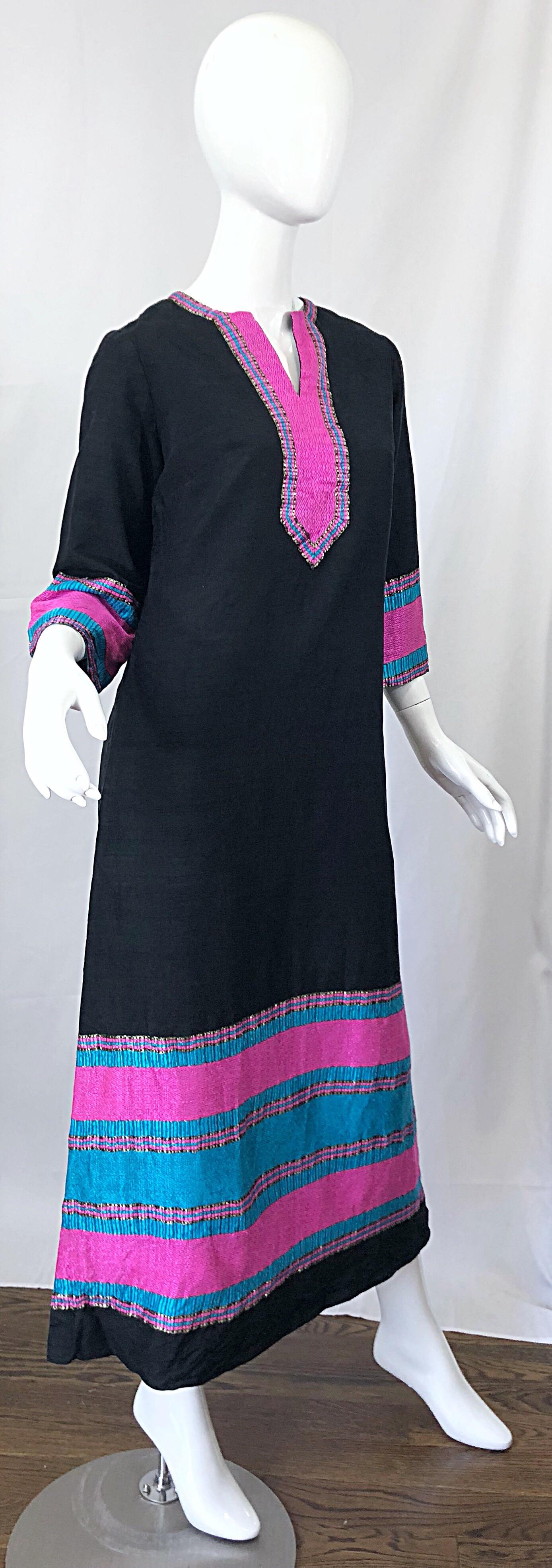 1960s Star of Siam Thai Silk Black Pink Blue Striped Vintage Caftan Maxi Dress In Excellent Condition In San Diego, CA