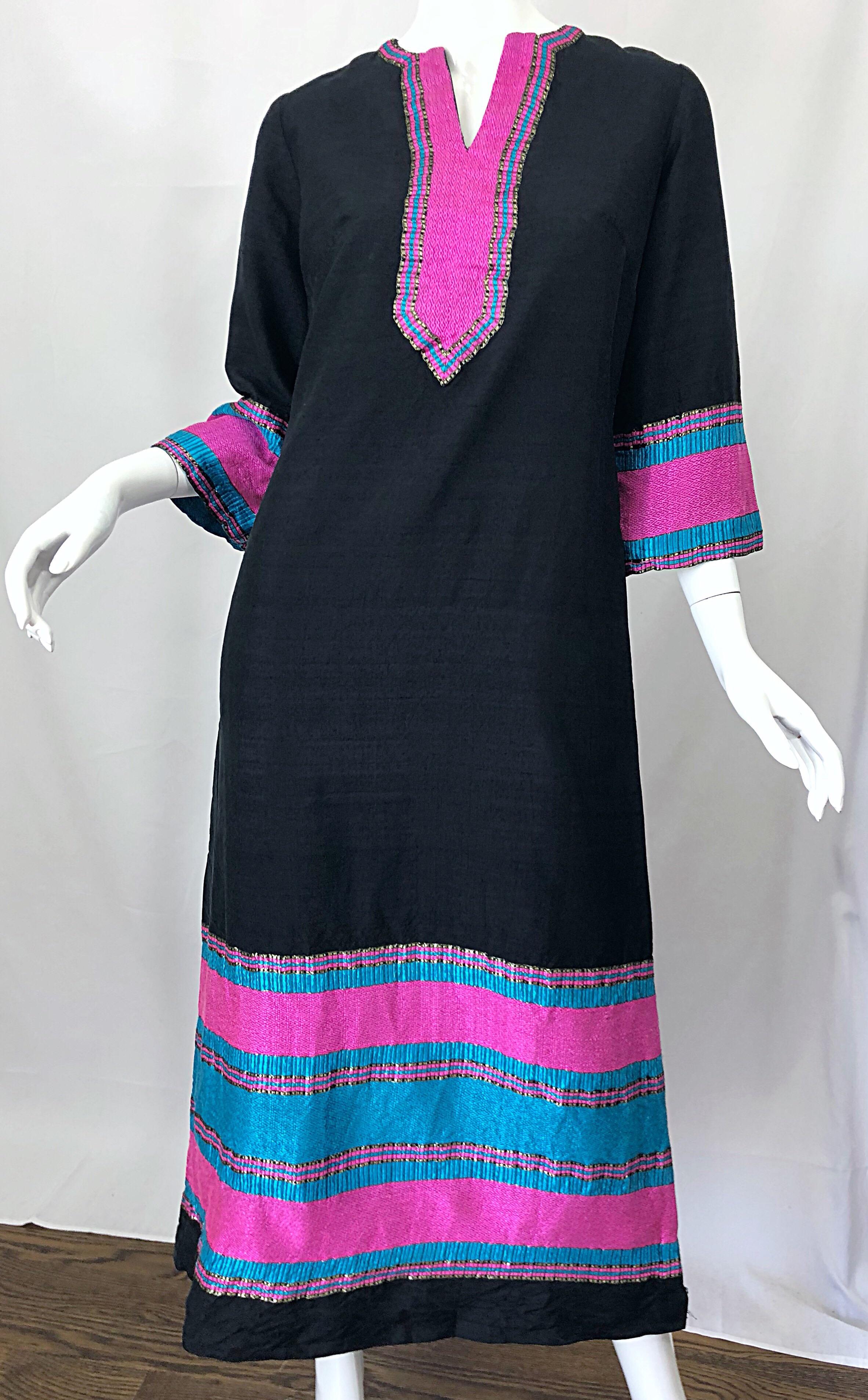 1960s Star of Siam Thai Silk Black Pink Blue Striped Vintage Caftan Maxi Dress 1
