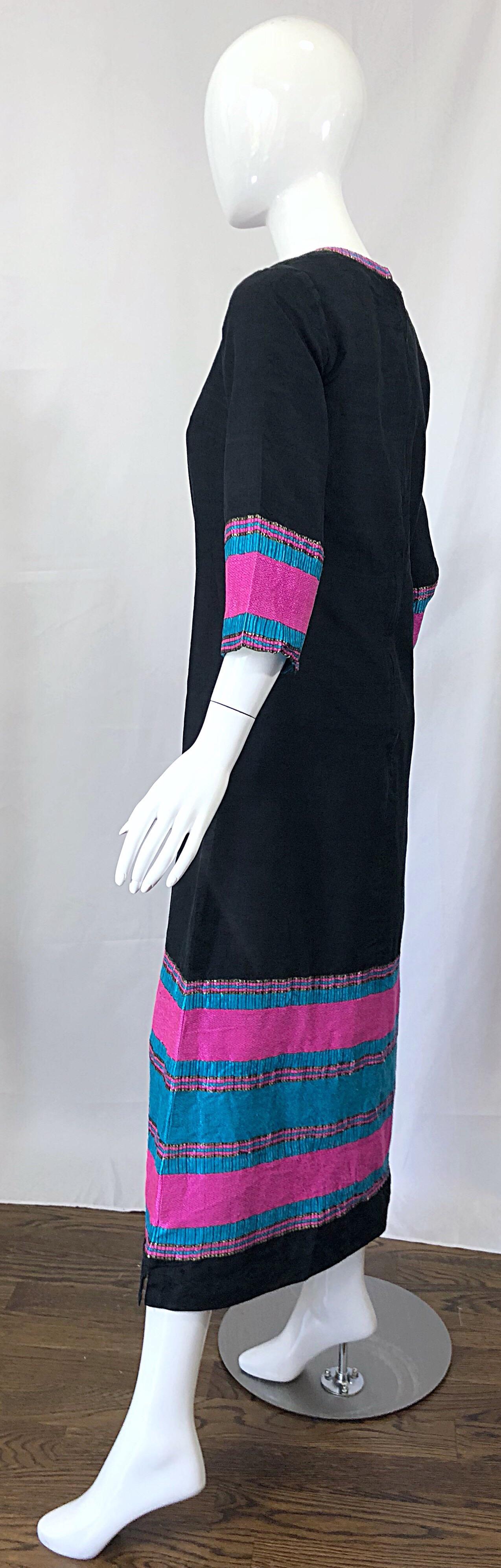 1960s Star of Siam Thai Silk Black Pink Blue Striped Vintage Caftan Maxi Dress 2