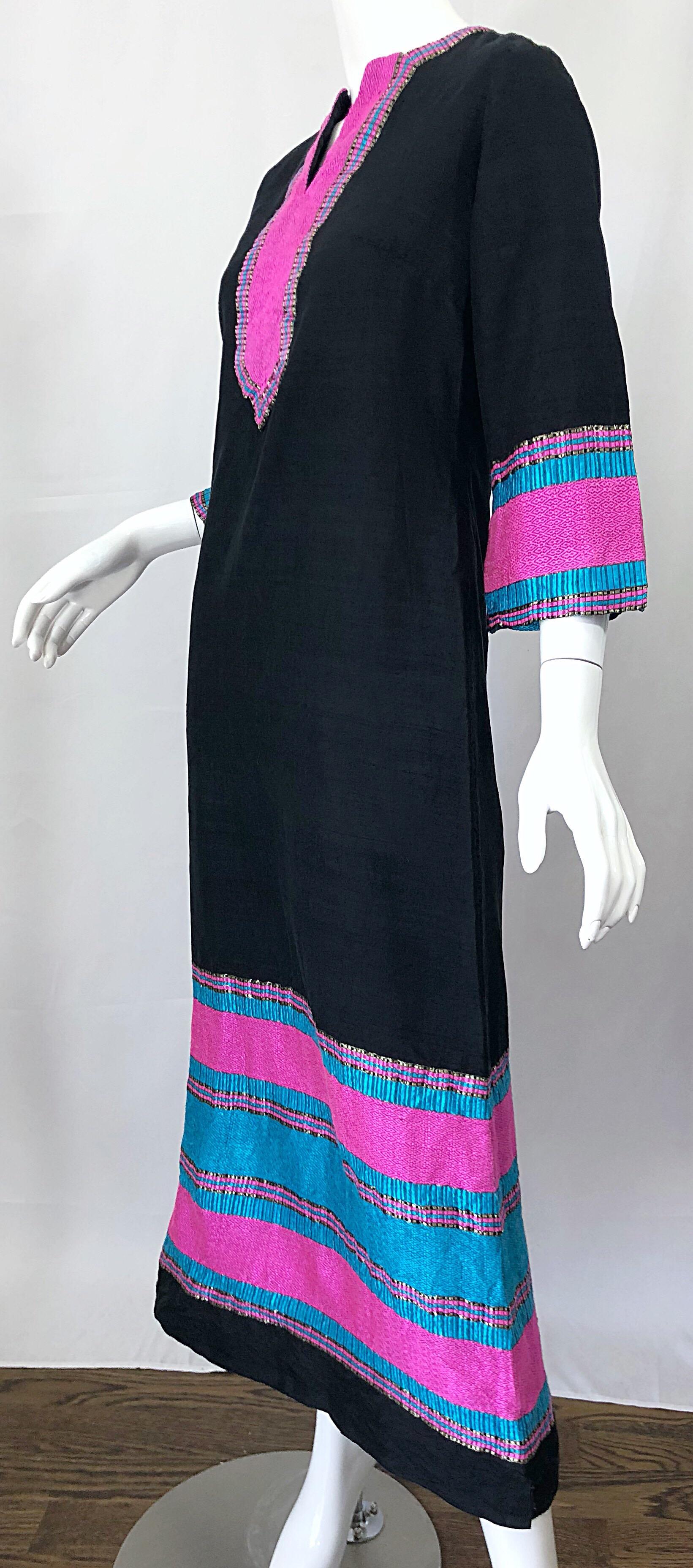 1960s Star of Siam Thai Silk Black Pink Blue Striped Vintage Caftan Maxi Dress 3