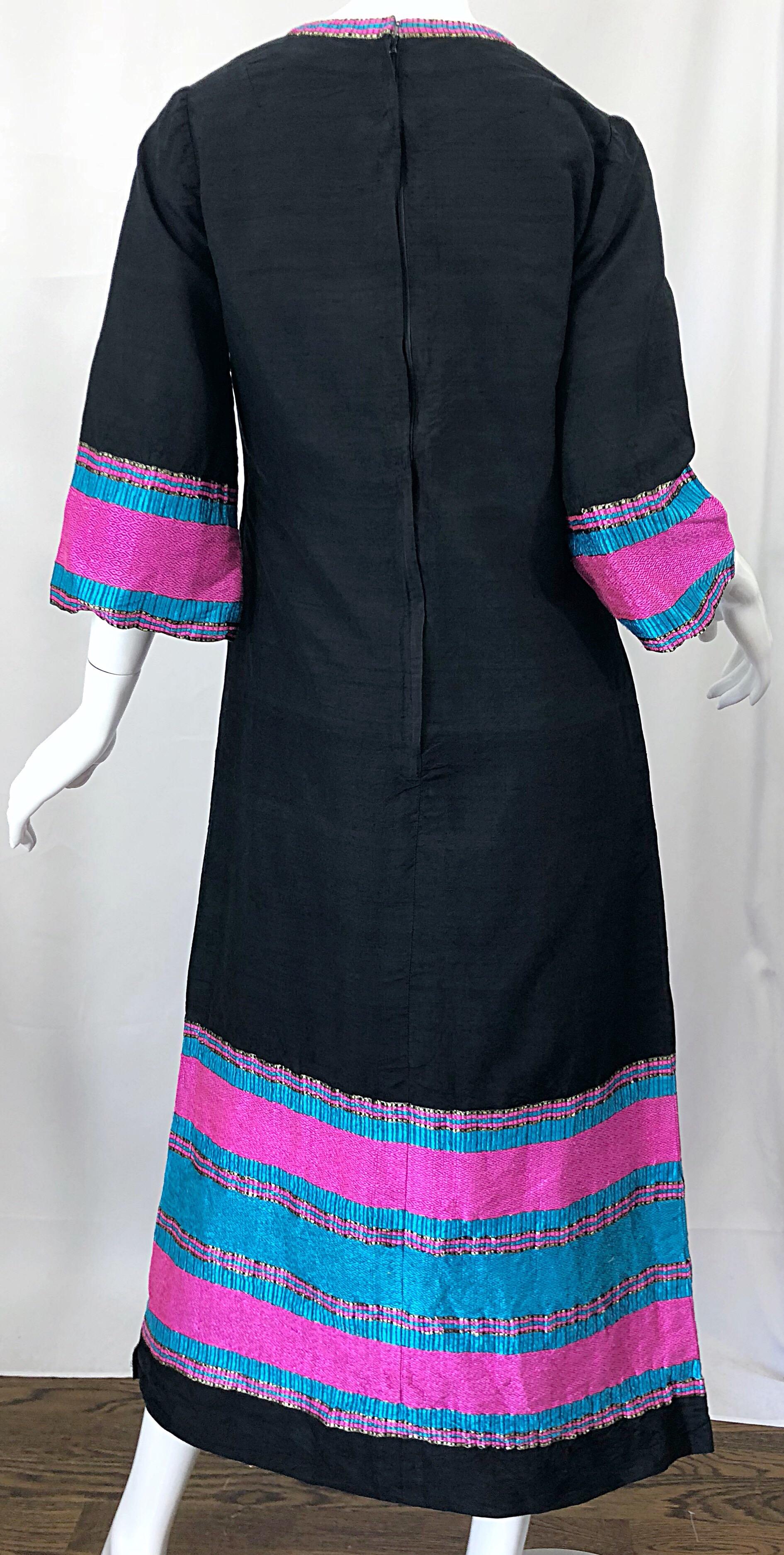 1960s Star of Siam Thai Silk Black Pink Blue Striped Vintage Caftan Maxi Dress 4