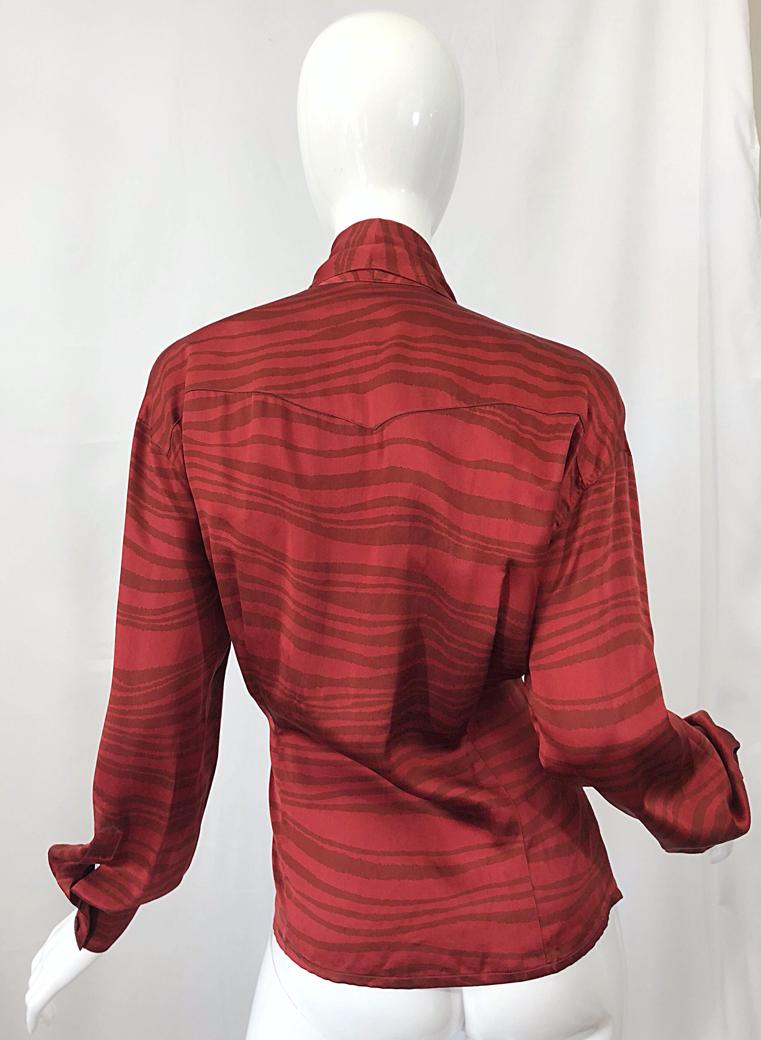 Women's Vintage Escada by Margaretha Ley Red Rust + Brown Size 38 Silk 1990s Blouse Top For Sale