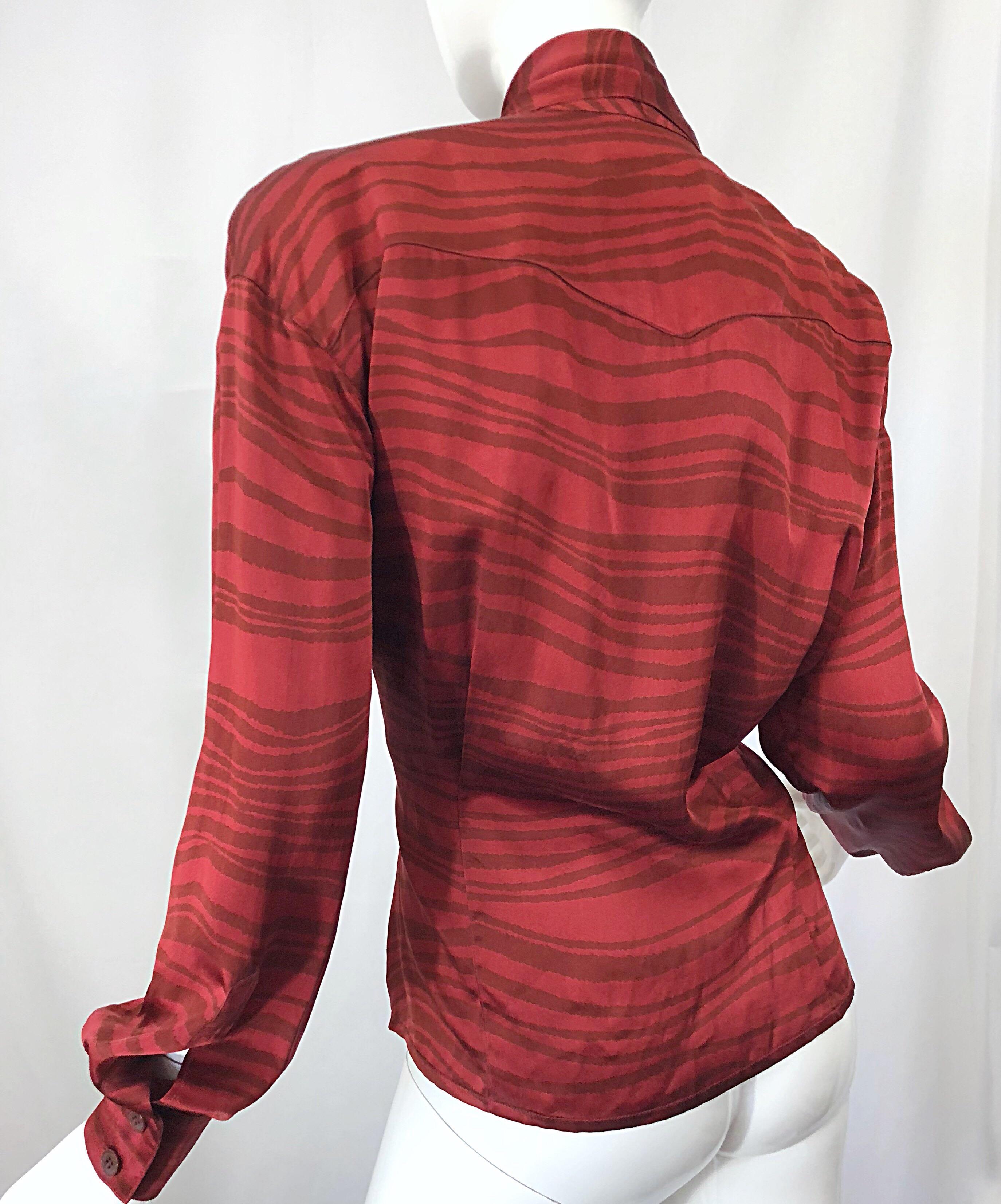 Vintage Escada by Margaretha Ley Red Rust + Brown Size 38 Silk 1990s Blouse Top For Sale 2