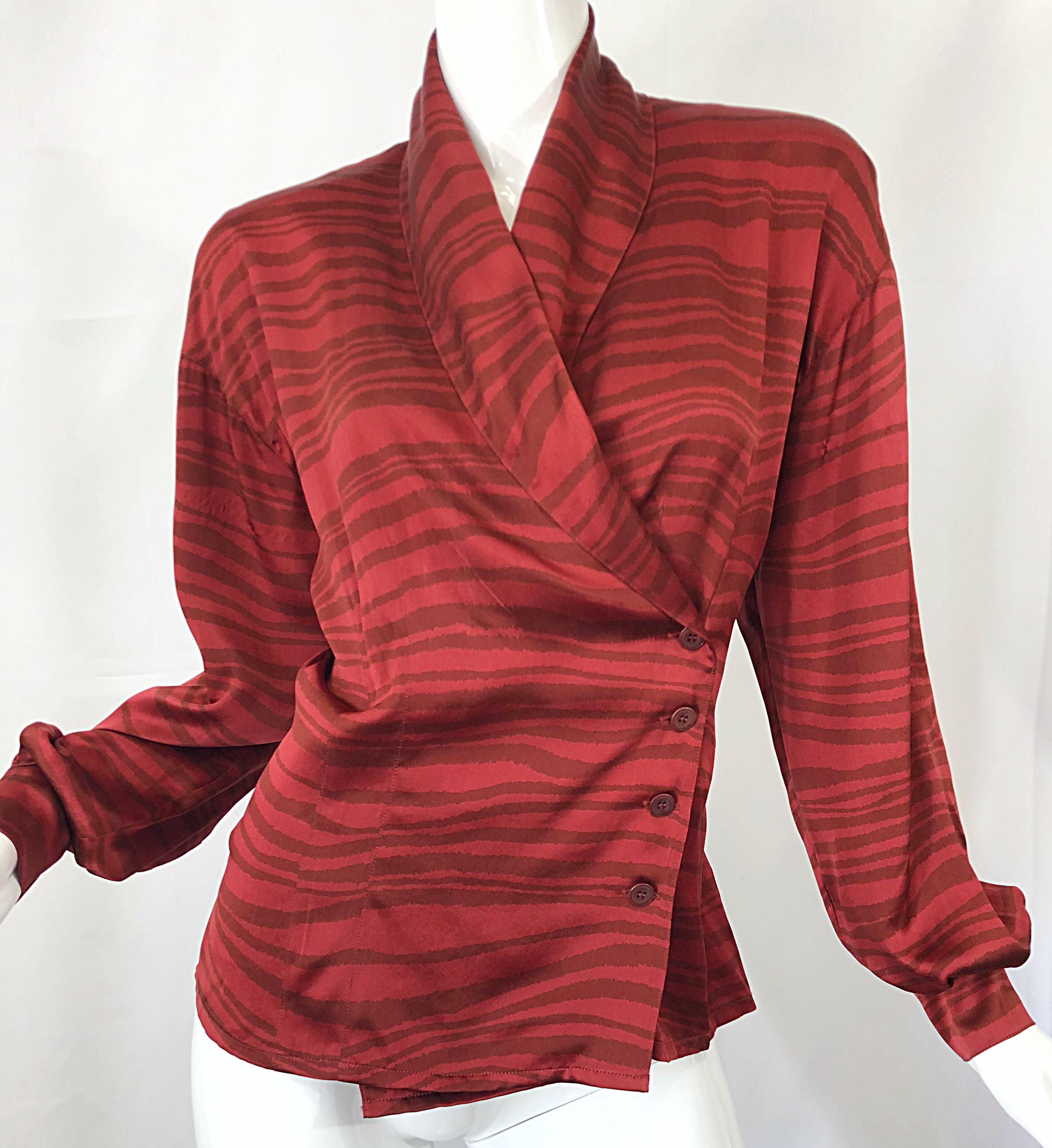 Vintage Escada by Margaretha Ley Red Rust + Brown Size 38 Silk 1990s Blouse Top For Sale 3