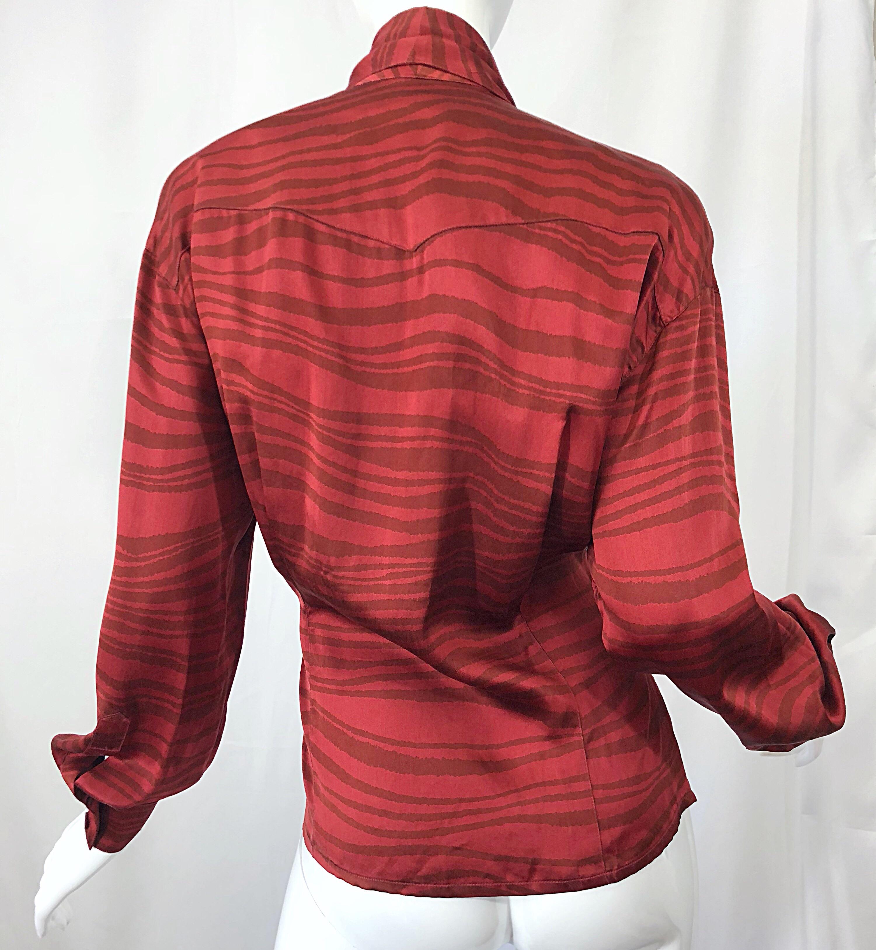 Vintage Escada by Margaretha Ley Red Rust + Brown Size 38 Silk 1990s Blouse Top For Sale 5
