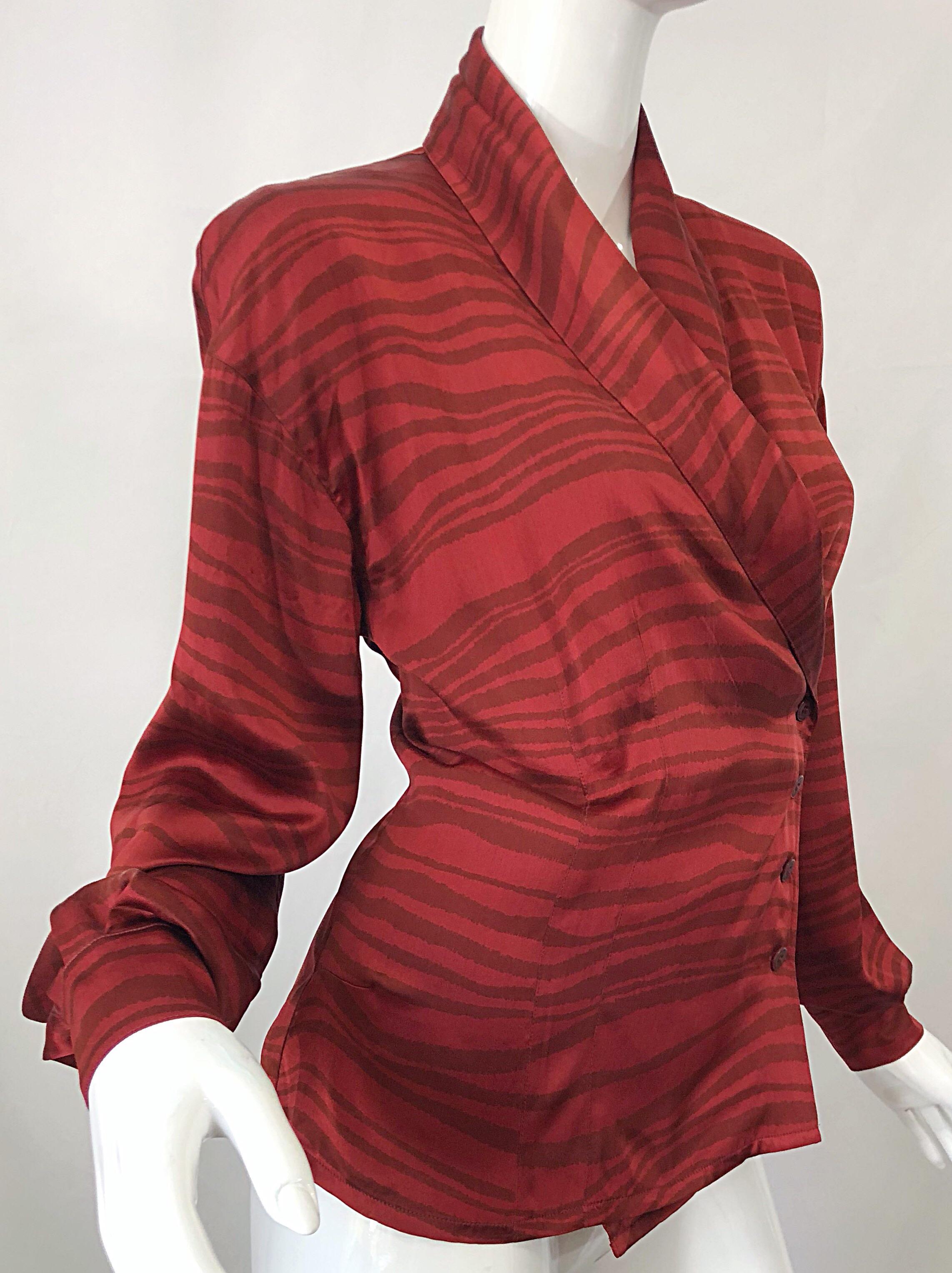 Vintage Escada by Margaretha Ley Red Rust + Brown Size 38 Silk 1990s Blouse Top For Sale 6