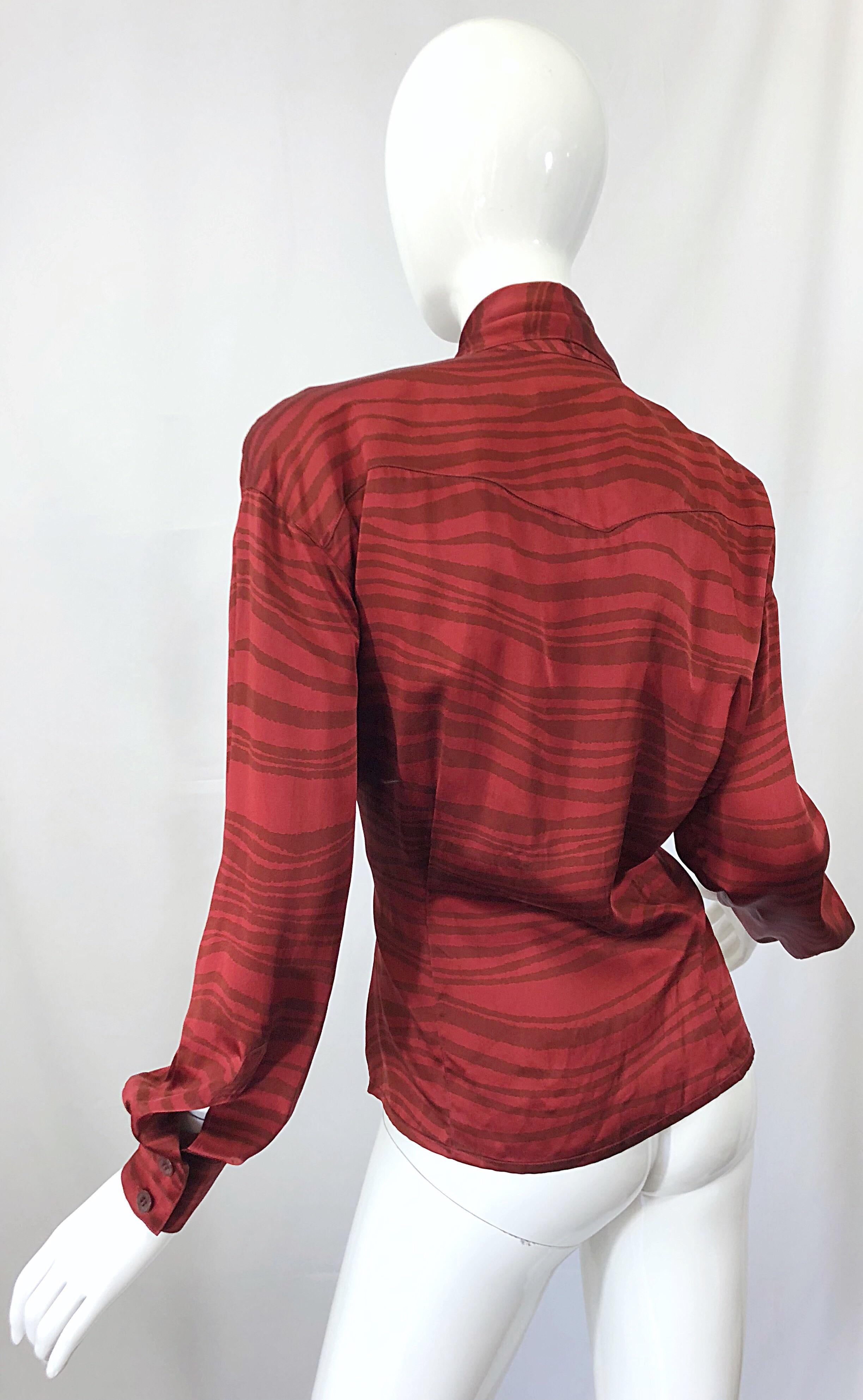 Vintage Escada by Margaretha Ley Red Rust + Brown Size 38 Silk 1990s Blouse Top For Sale 7