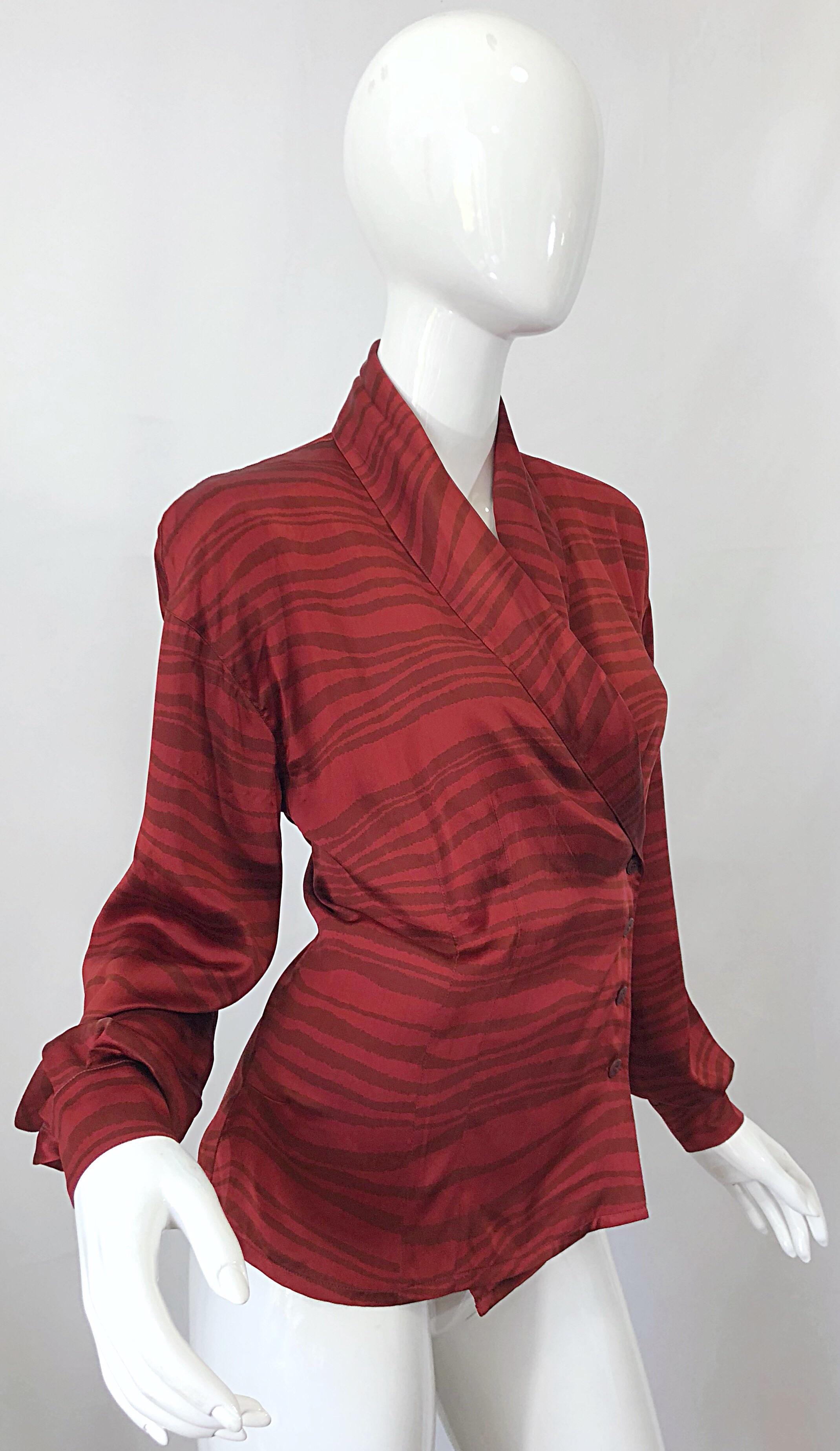 Vintage Escada by Margaretha Ley Red Rust + Brown Size 38 Silk 1990s Blouse Top For Sale 8