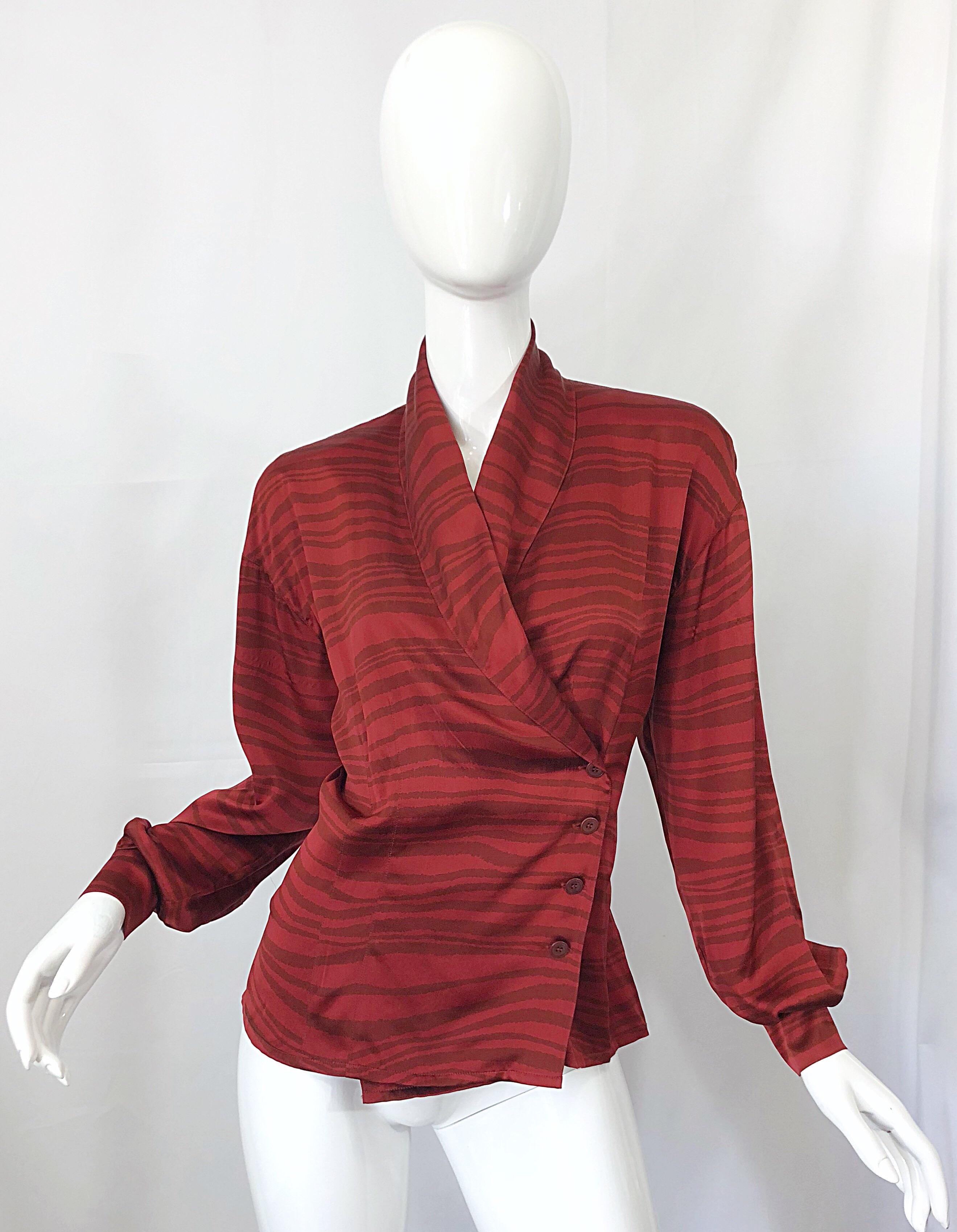 Vintage Escada by Margaretha Ley Red Rust + Brown Size 38 Silk 1990s Blouse Top For Sale 9