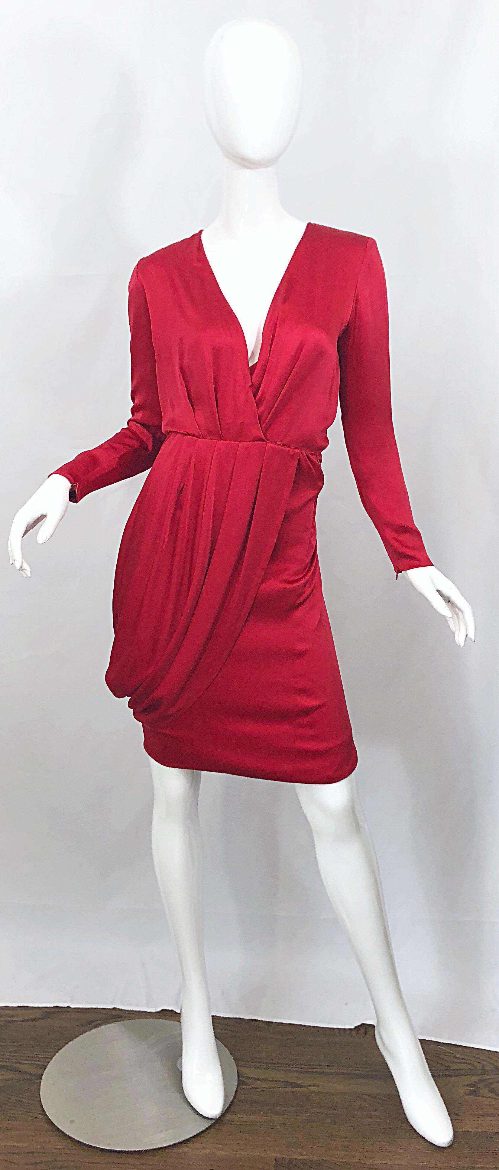 Remarkable and rare vintage GIVENCHY COUTURE, by ALEXANDER MCQUEEN lipstick red plunging cape dress! From the A/W 1998 collection. Sexy, yet not overly, this gem is extremely well made, with heavy attention to detail. Most of the workmanship was
