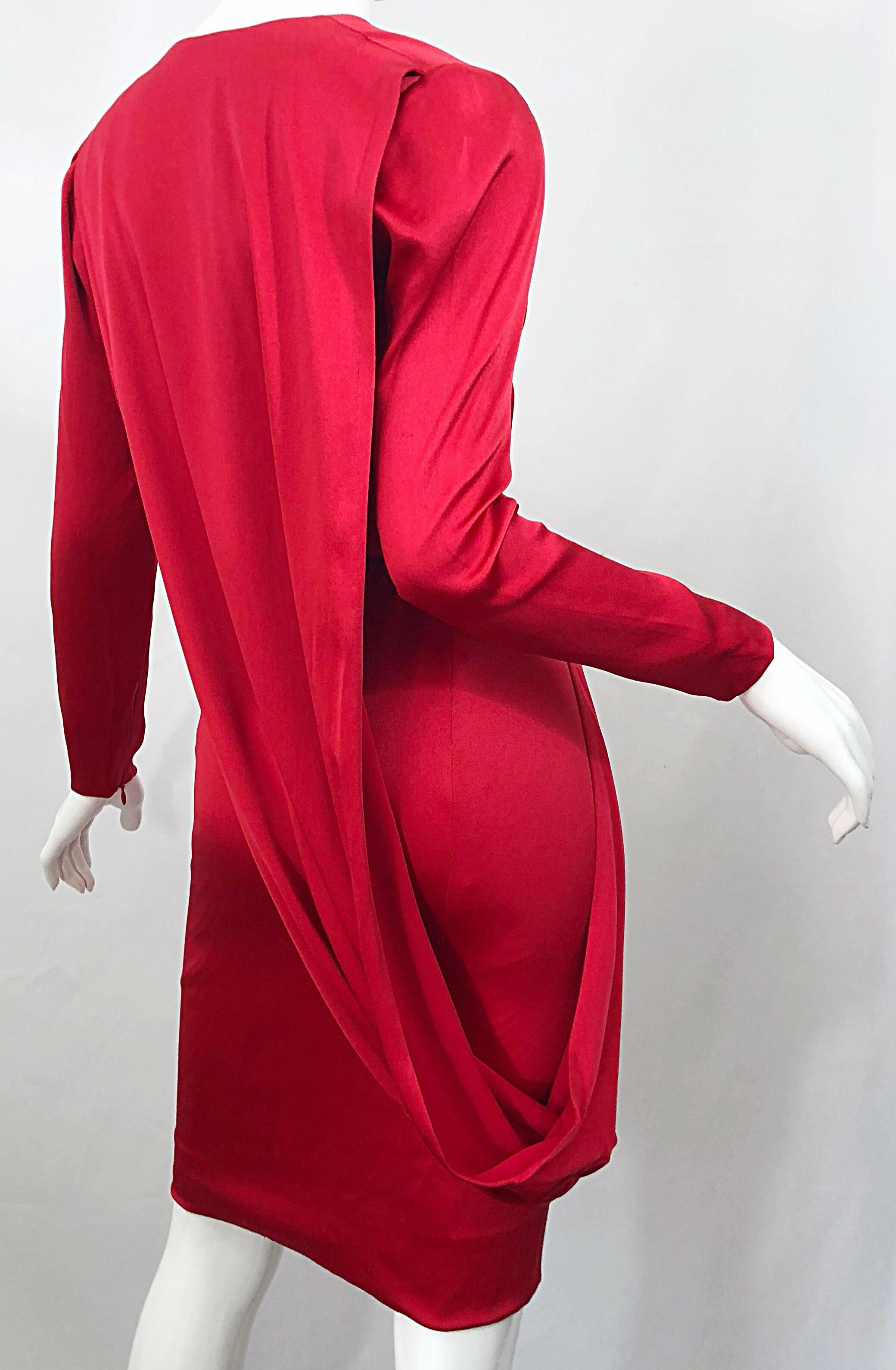 Vintage Givenchy Couture by Alexander McQueen Sz 36 Lipstick Red Silk Cape Dress In Excellent Condition For Sale In San Diego, CA