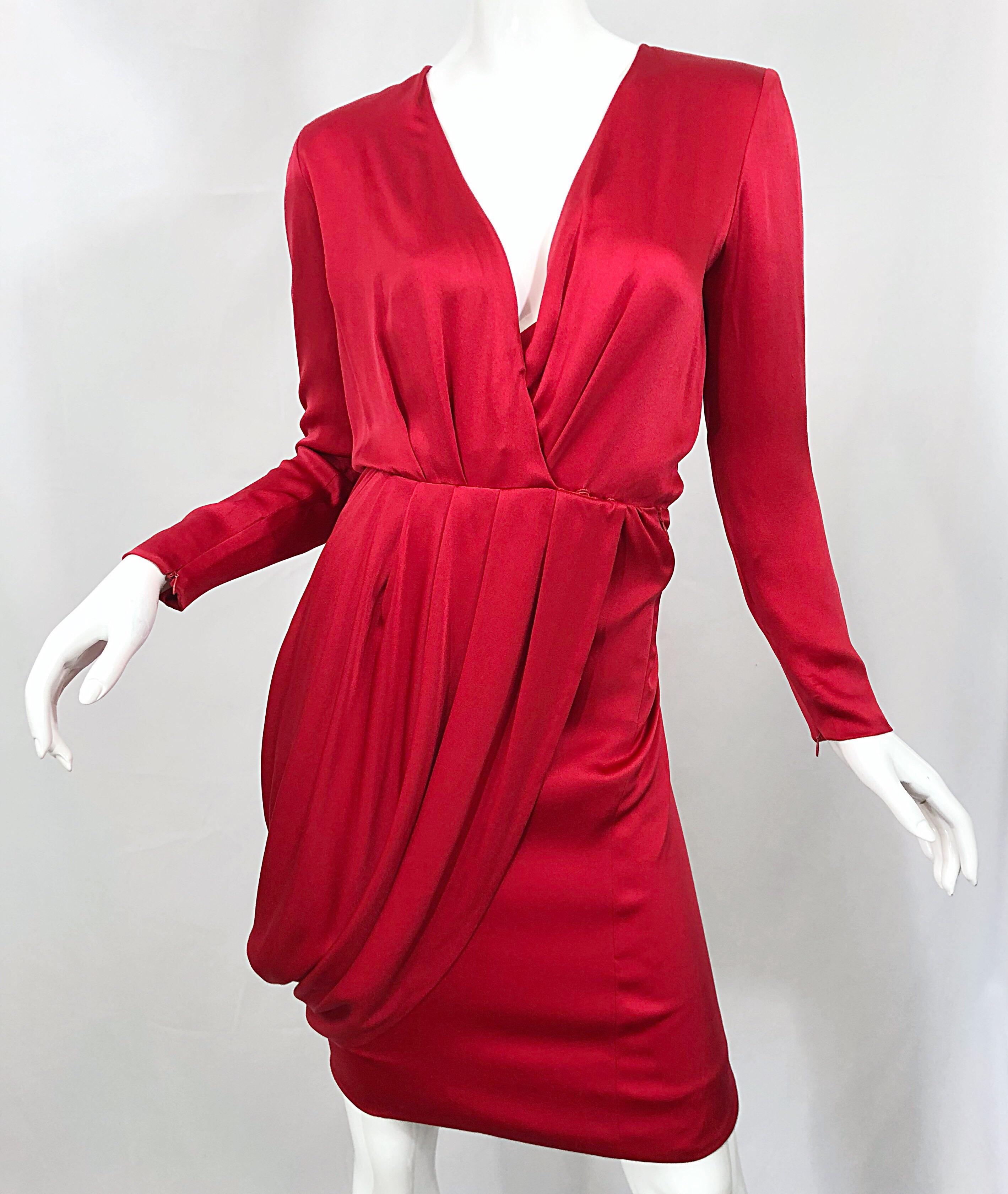 Women's Vintage Givenchy Couture by Alexander McQueen Sz 36 Lipstick Red Silk Cape Dress For Sale