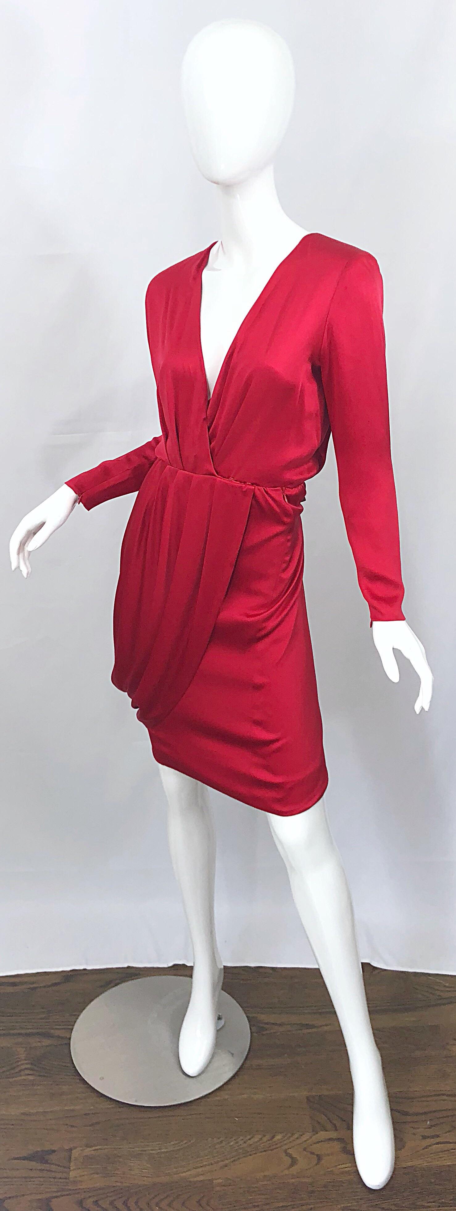 Vintage Givenchy Couture by Alexander McQueen Sz 36 Lipstick Red Silk Cape Dress For Sale 1