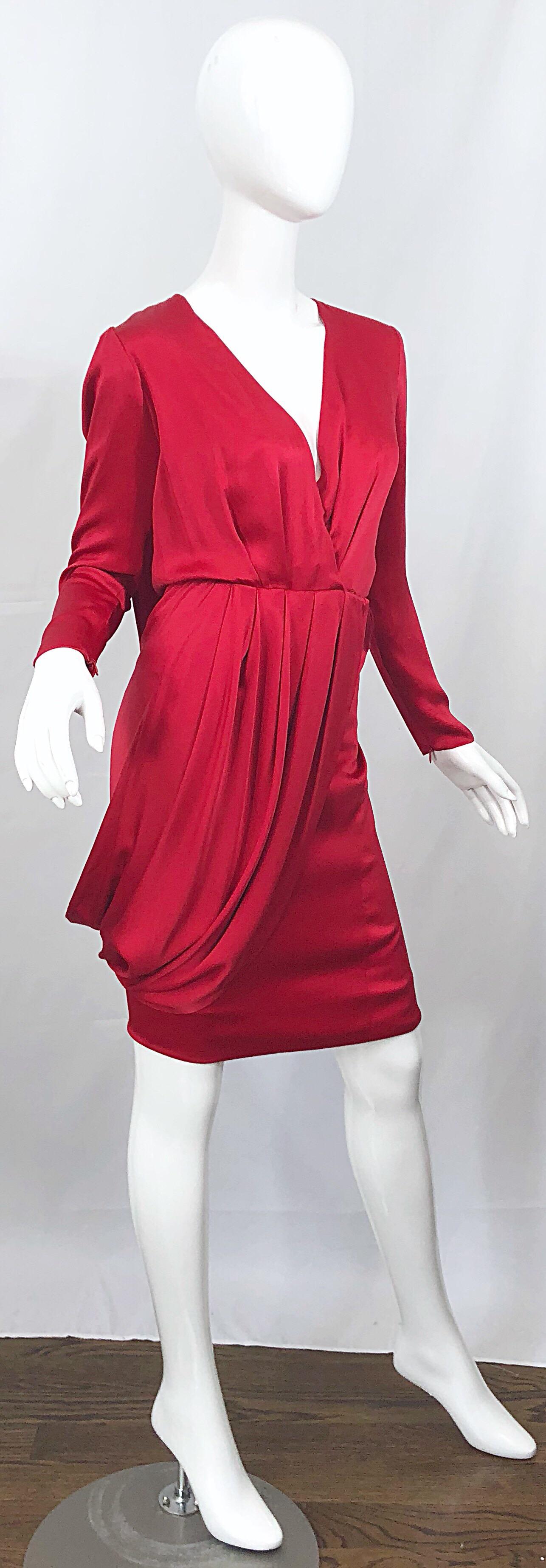 Vintage Givenchy Couture by Alexander McQueen Sz 36 Lipstick Red Silk Cape Dress For Sale 3