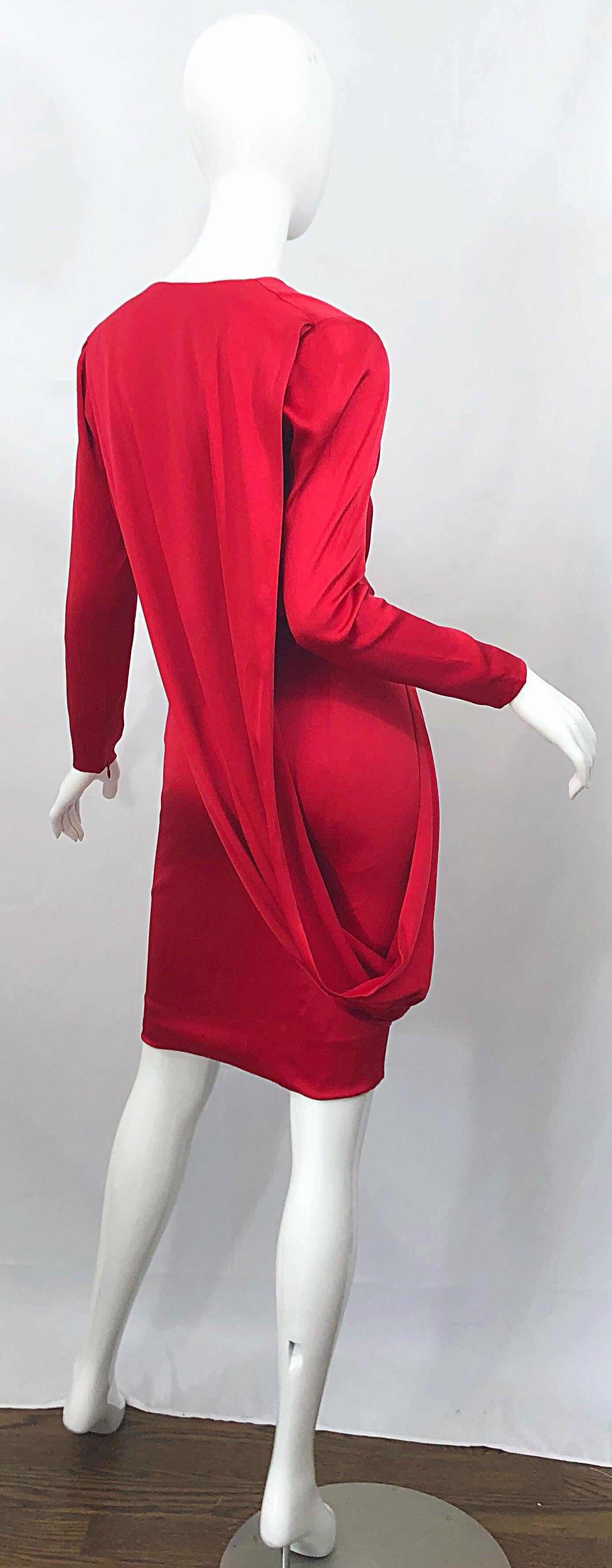 Vintage Givenchy Couture by Alexander McQueen Sz 36 Lipstick Red Silk Cape Dress For Sale 4