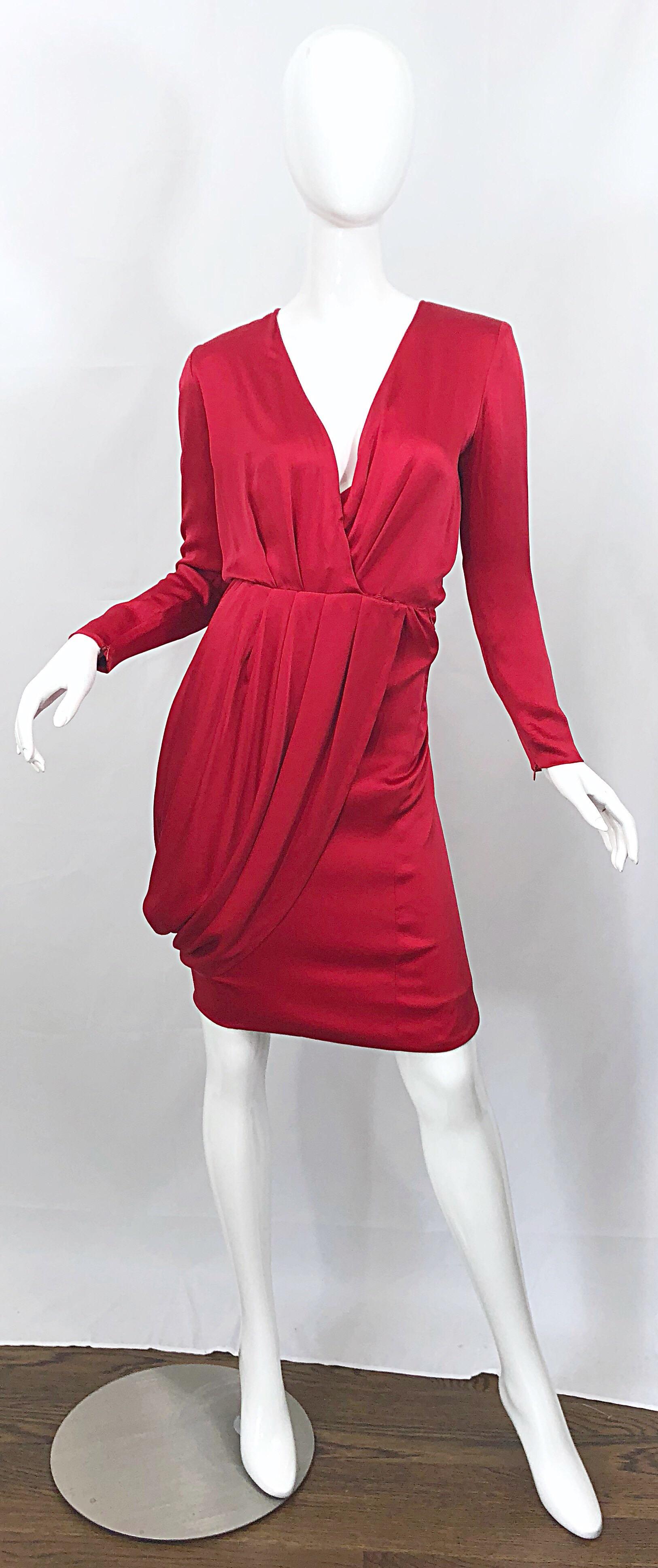 Vintage Givenchy Couture by Alexander McQueen Sz 36 Lipstick Red Silk Cape Dress For Sale 5