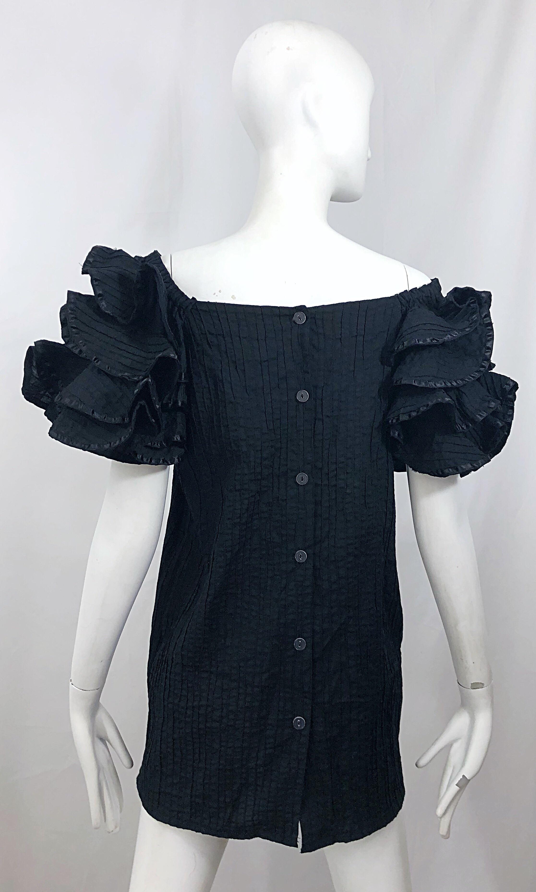 Rare Tachi Castillo for Pan American 1960s Black Mexican Cotton 60s Tunic Dress In Excellent Condition In San Diego, CA