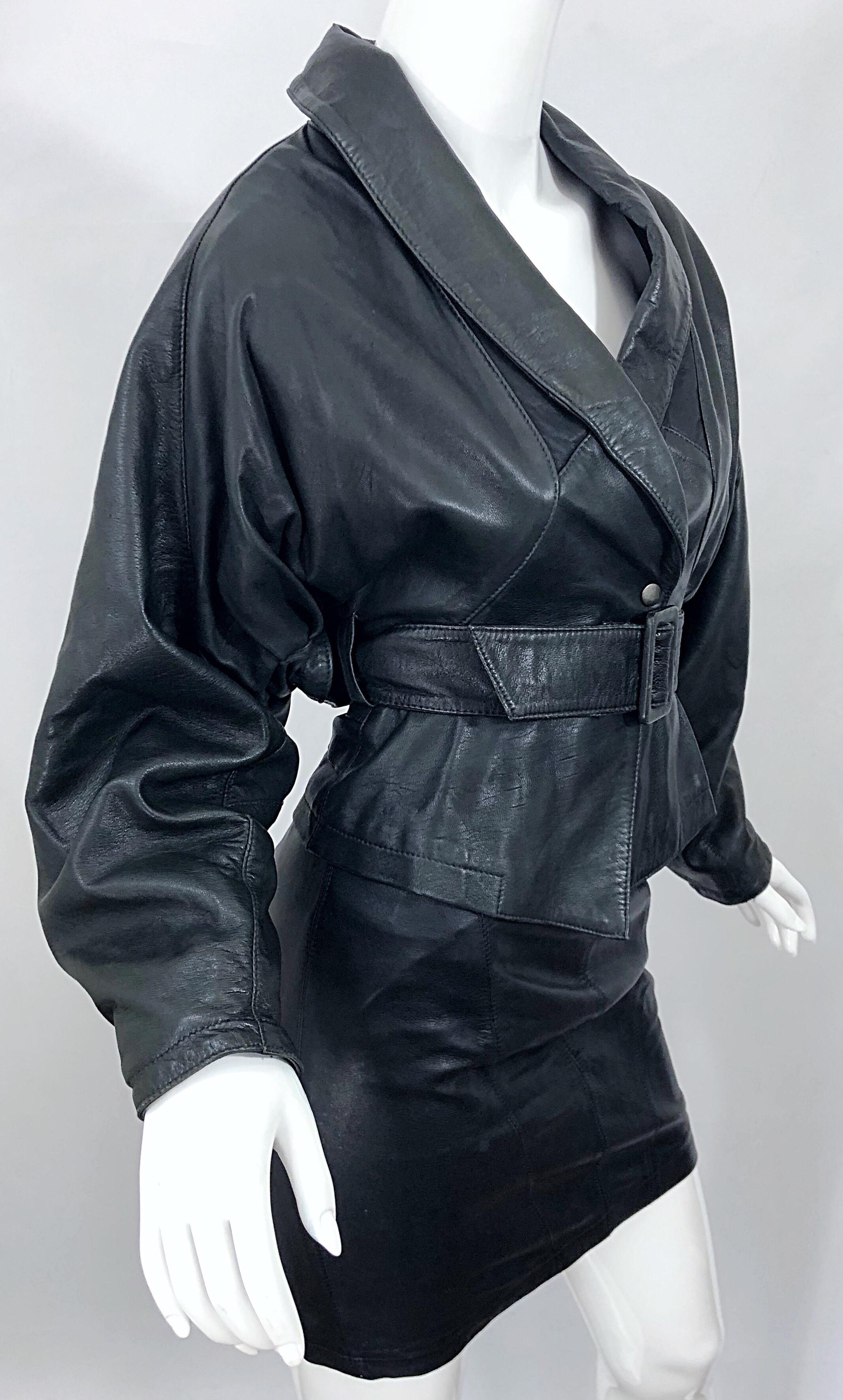1980er Marc Laurent Paris Schwarzes Leder Avant Garde 80s Jacke + Minirock Anzug Damen im Angebot