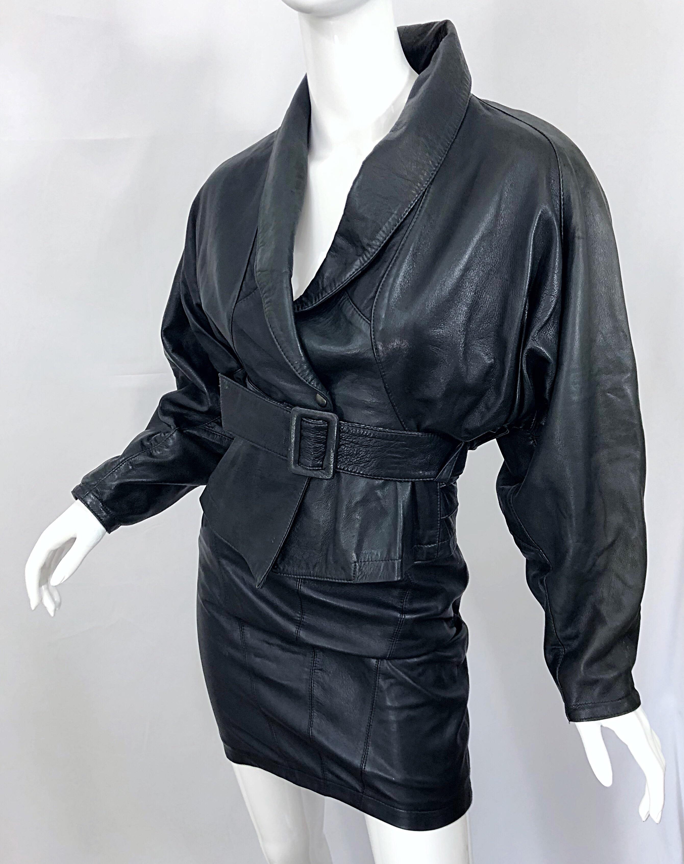 1980er Marc Laurent Paris Schwarzes Leder Avant Garde 80s Jacke + Minirock Anzug im Angebot 1