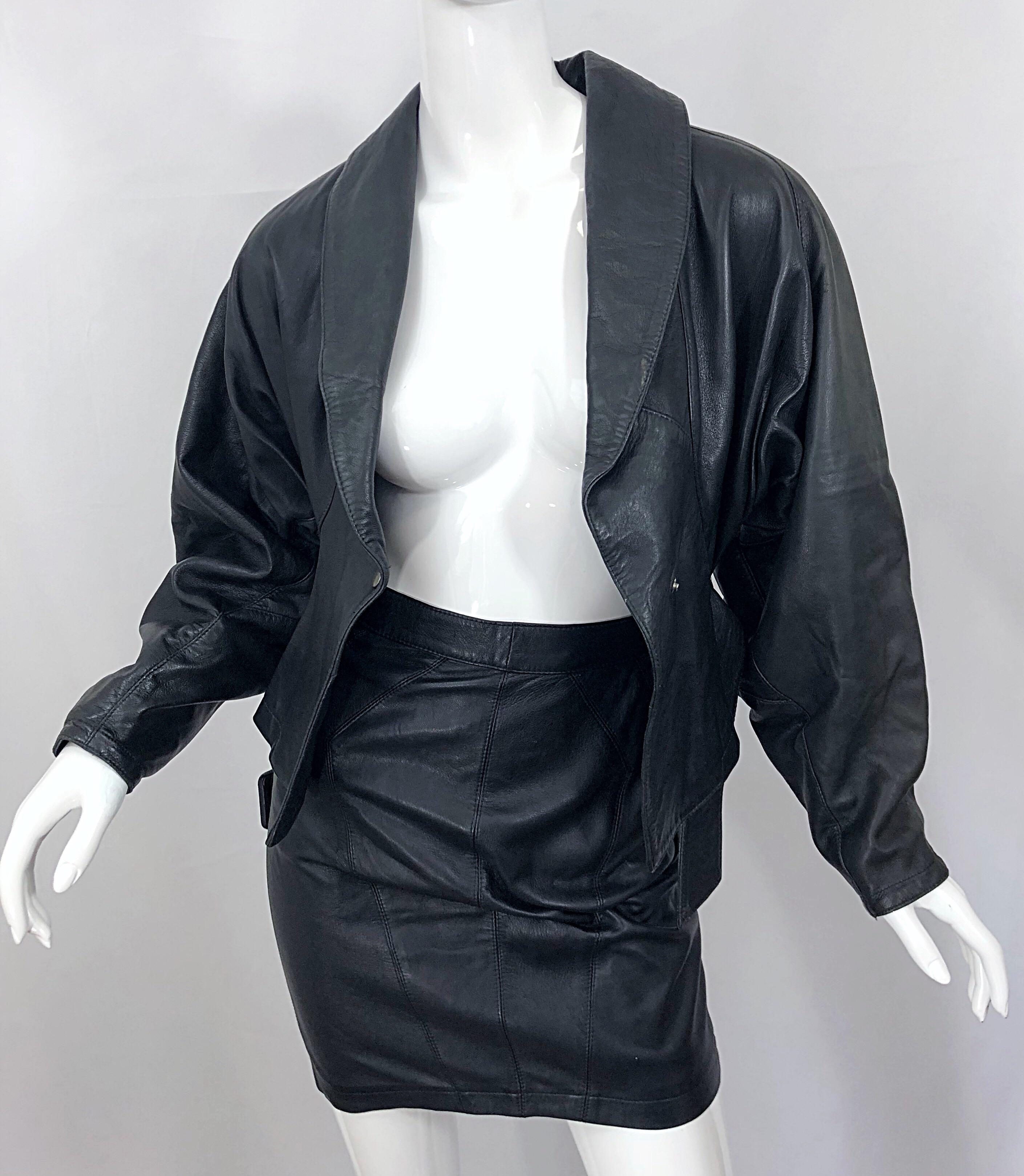 1980s Marc Laurent Paris Black Leather Avant Garde 80s Jacket + Mini Skirt Suit In Excellent Condition For Sale In San Diego, CA
