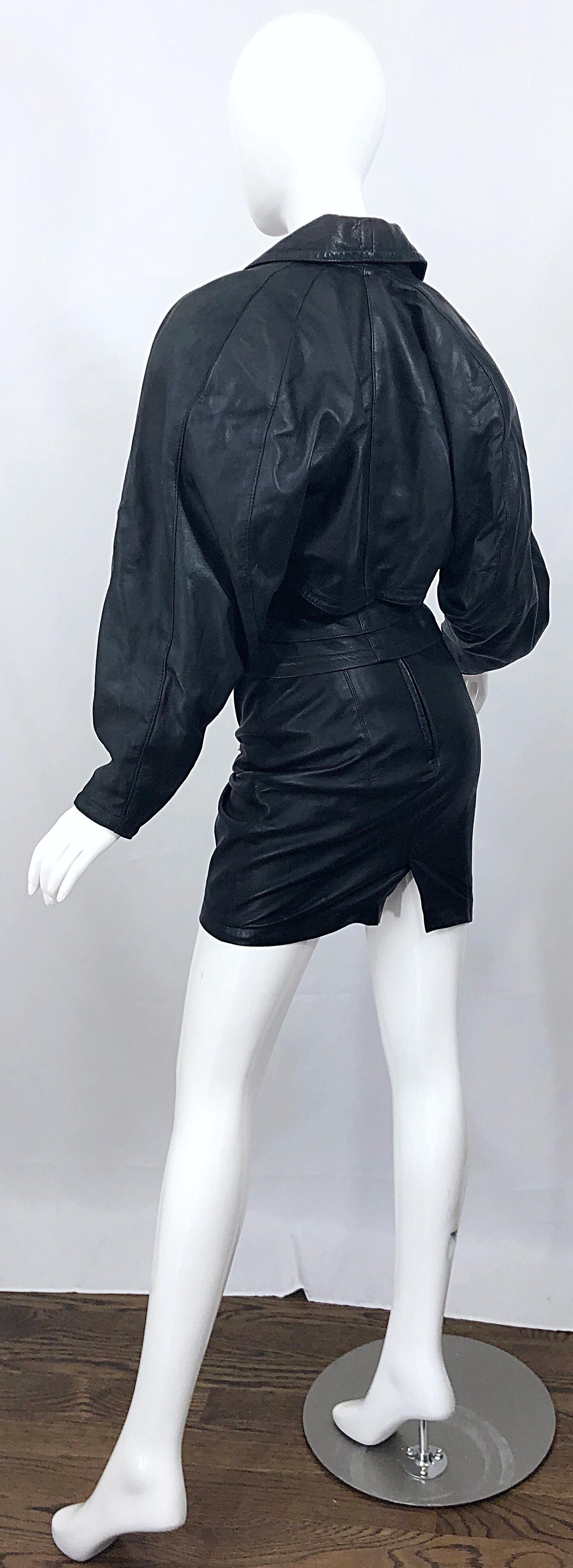 Women's 1980s Marc Laurent Paris Black Leather Avant Garde 80s Jacket + Mini Skirt Suit For Sale