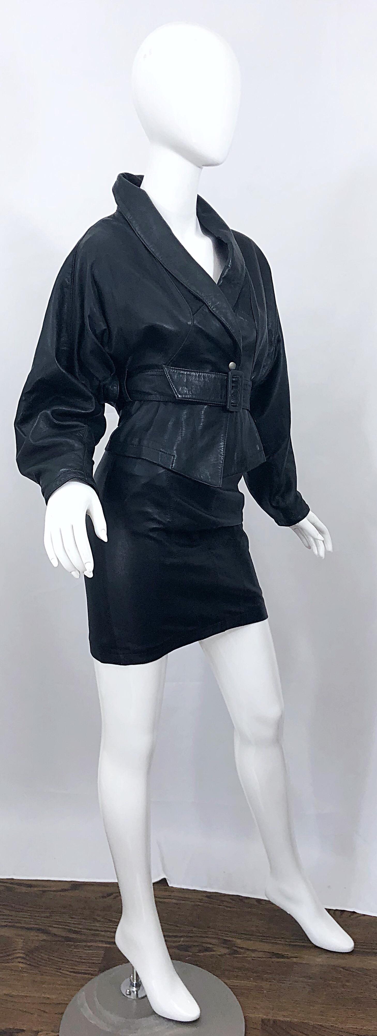 1980s Marc Laurent Paris Black Leather Avant Garde 80s Jacket + Mini Skirt Suit For Sale 1