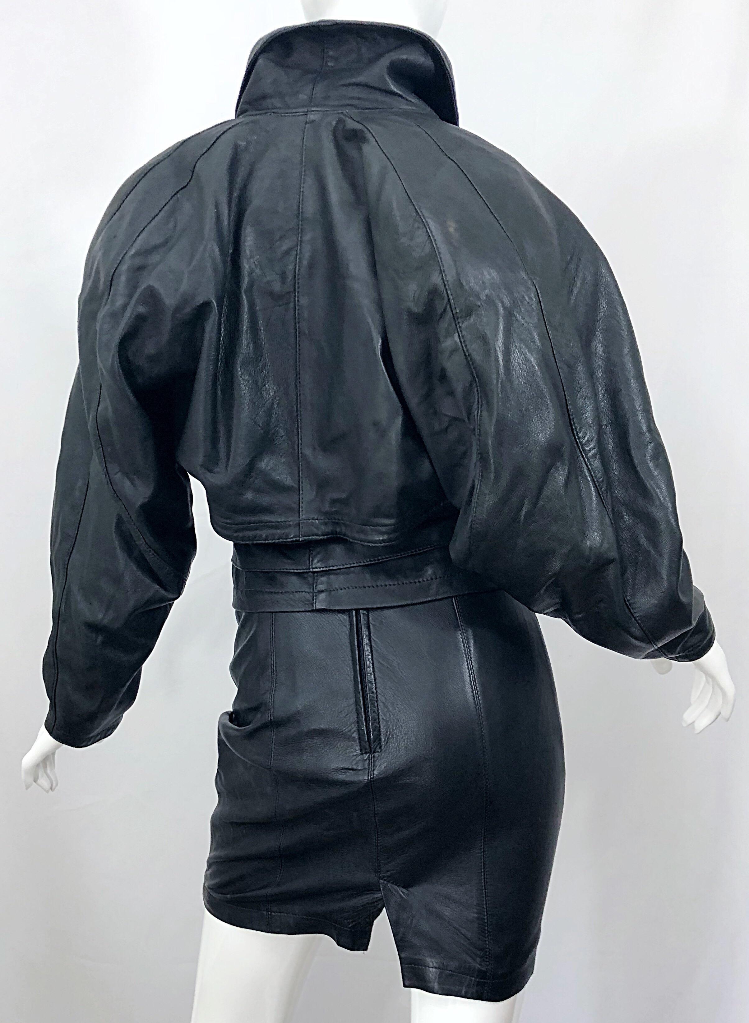 1980s Marc Laurent Paris Black Leather Avant Garde 80s Jacket + Mini Skirt Suit For Sale 2