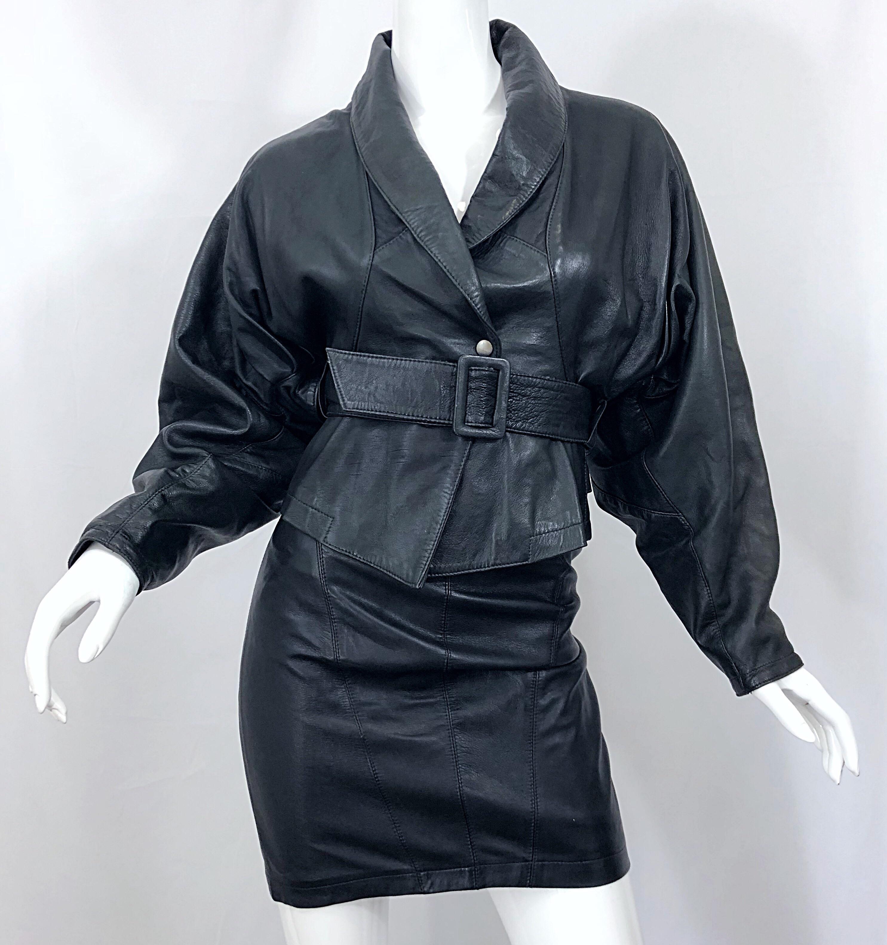 1980s Marc Laurent Paris Black Leather Avant Garde 80s Jacket + Mini Skirt Suit For Sale 3