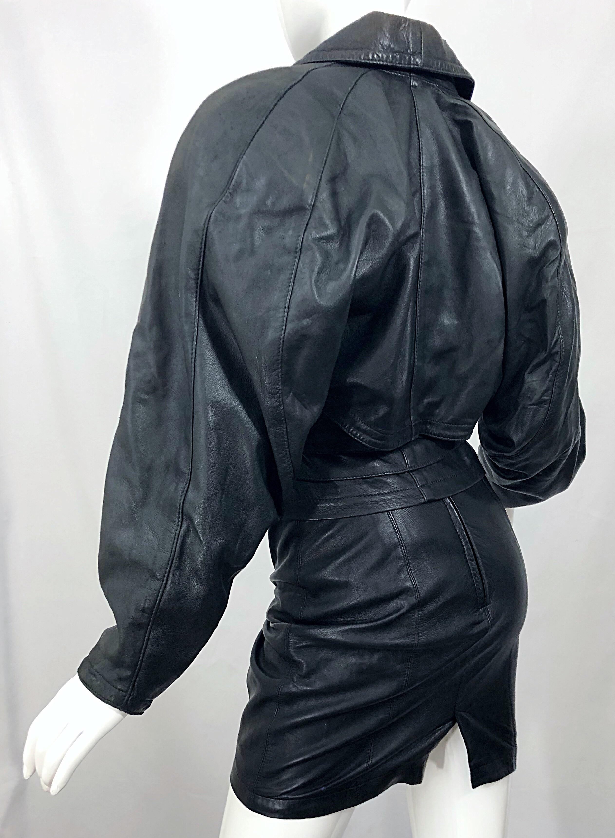 1980s Marc Laurent Paris Black Leather Avant Garde 80s Jacket + Mini Skirt Suit For Sale 4