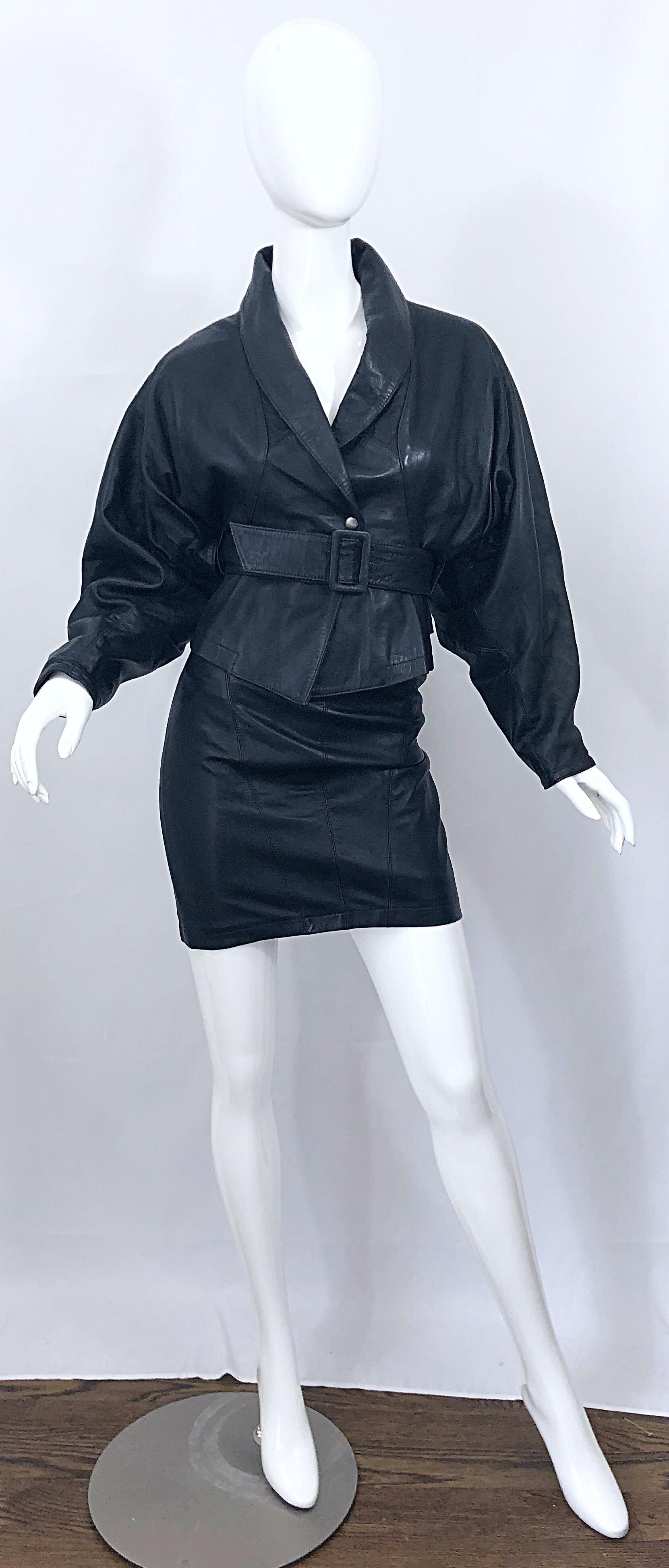 1980s Marc Laurent Paris Black Leather Avant Garde 80s Jacket + Mini Skirt Suit For Sale 5