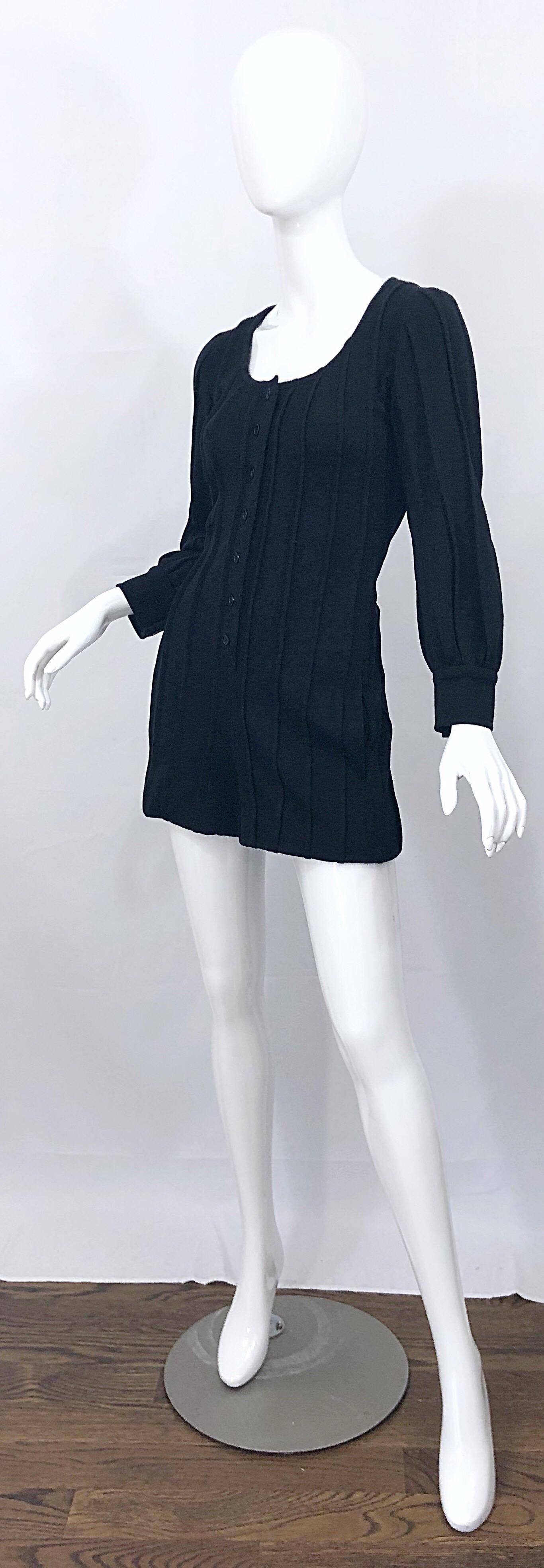 Vintage Givenchy Haute Couture Black Wool Long Sleeve One Piece Romper Jumpsuit In Excellent Condition For Sale In San Diego, CA