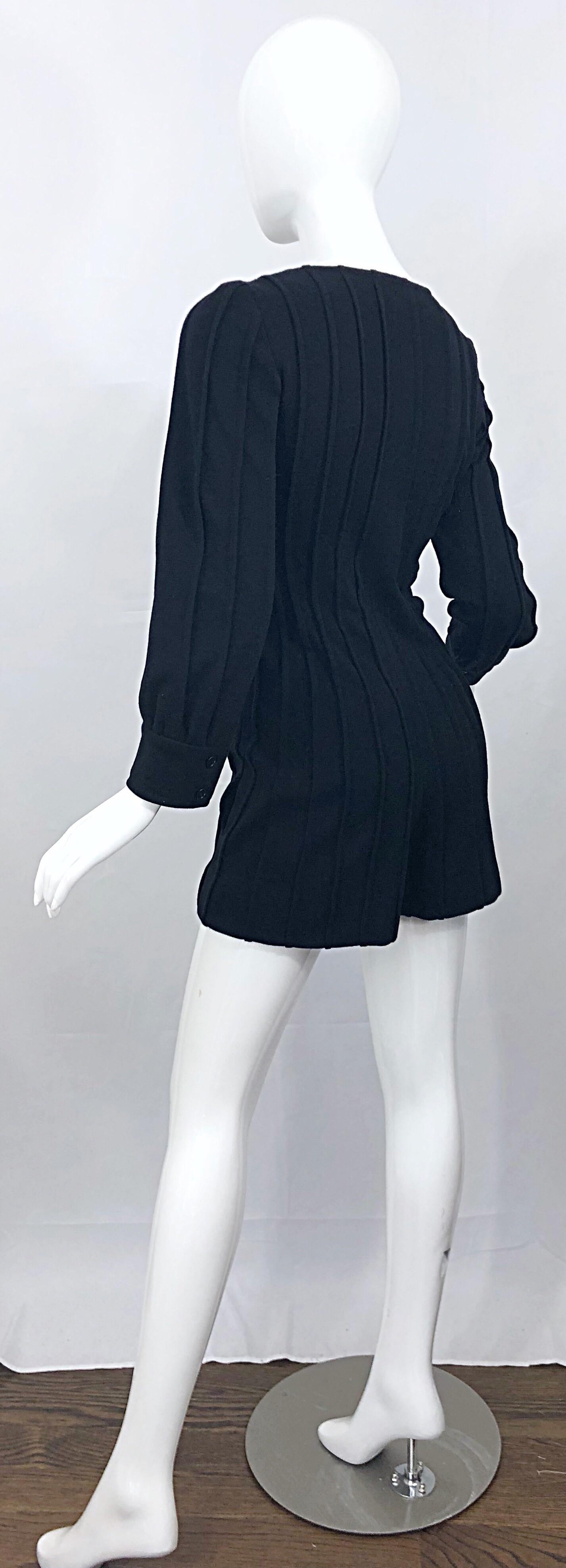 Vintage Givenchy Haute Couture Black Wool Long Sleeve One Piece Romper Jumpsuit For Sale 4