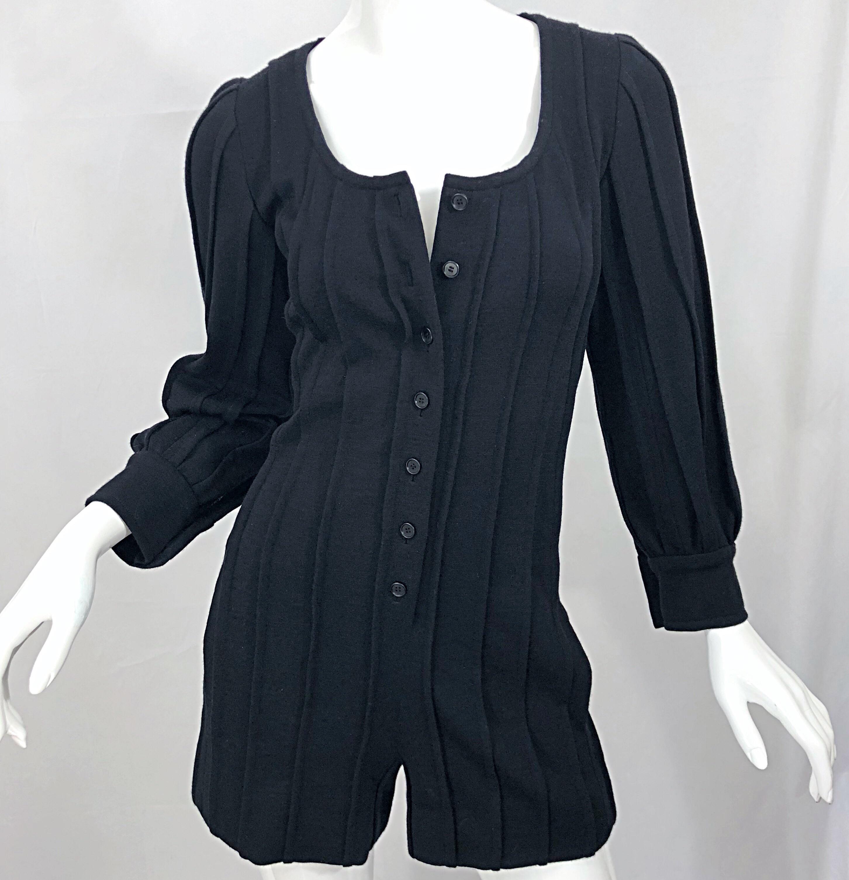 Vintage Givenchy Haute Couture Black Wool Long Sleeve One Piece Romper Jumpsuit For Sale 6