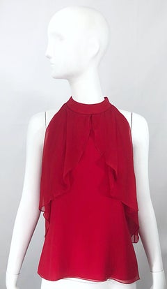 Christopher Dean Early 2000s Lipstick Red Size 4 Silk Chiffon Blouse Top