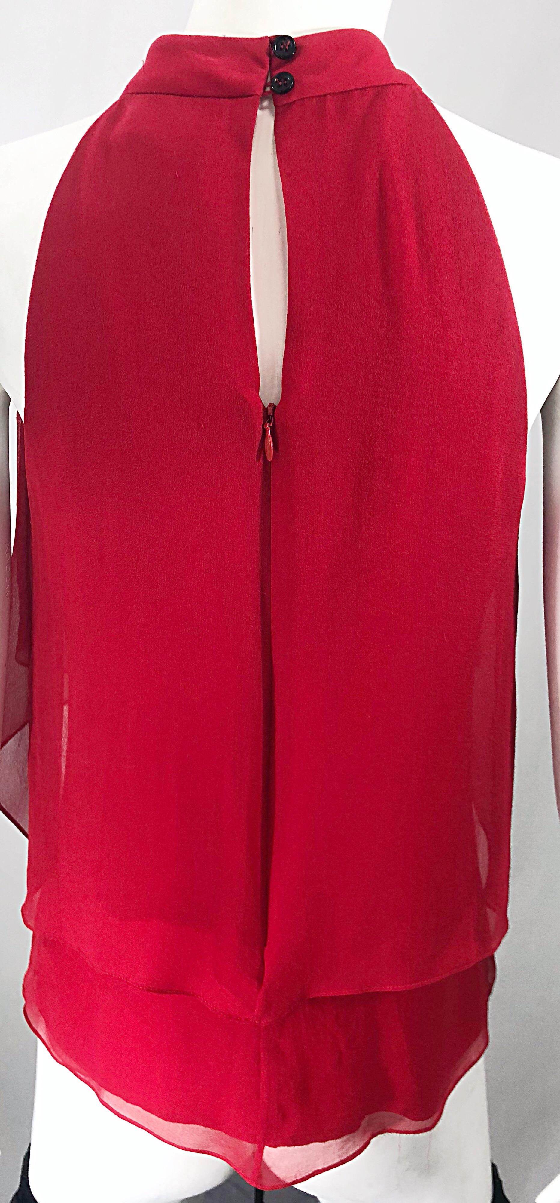 Christopher Dean Early 2000s Lipstick Red Size 4 Silk Chiffon Blouse Top For Sale 2