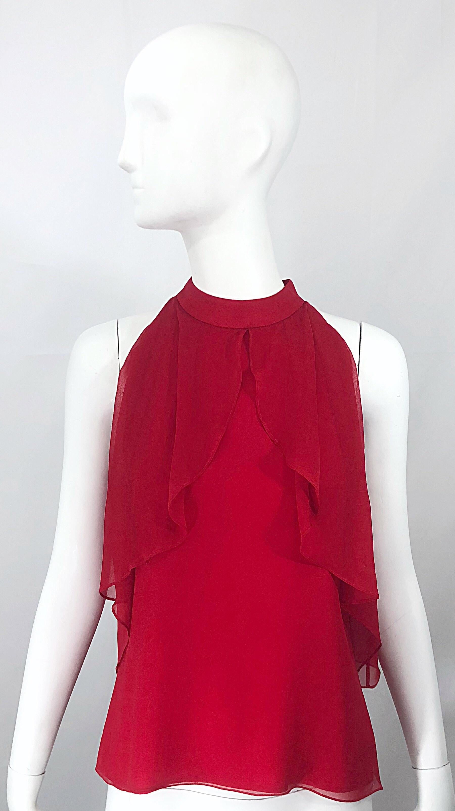 Christopher Dean Early 2000s Lipstick Red Size 4 Silk Chiffon Blouse Top For Sale 4